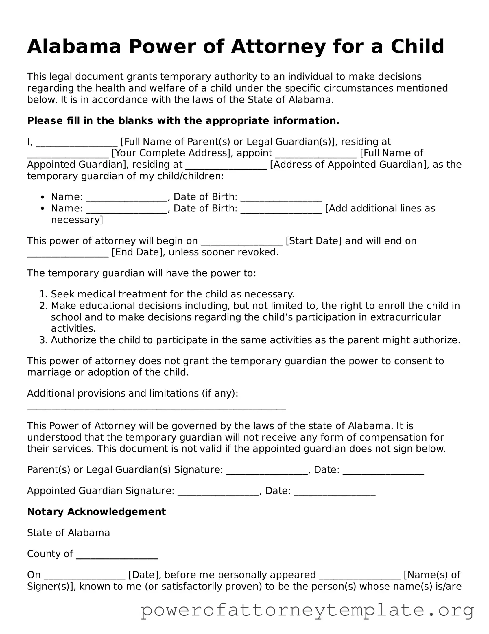 Legal Alabama Power of Attorney for a Child Template