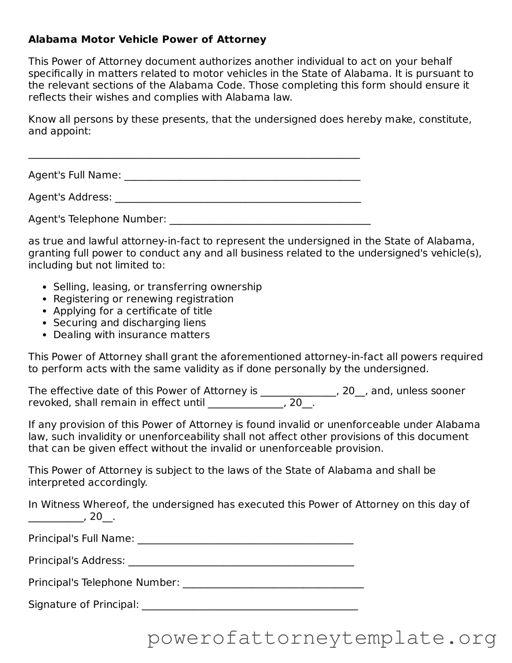Legal Alabama Motor Vehicle Power of Attorney Template