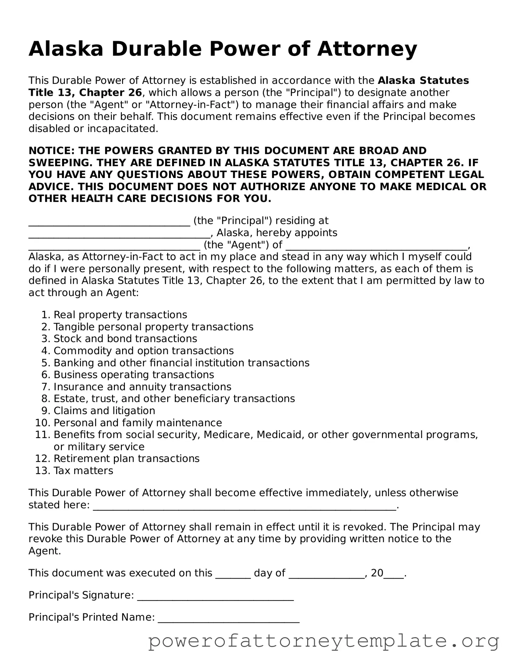 Legal Alaska Durable Power of Attorney Template