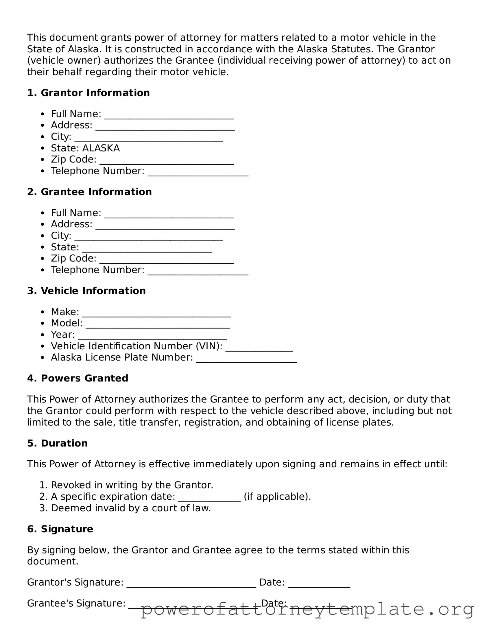 Legal Alaska Motor Vehicle Power of Attorney Template