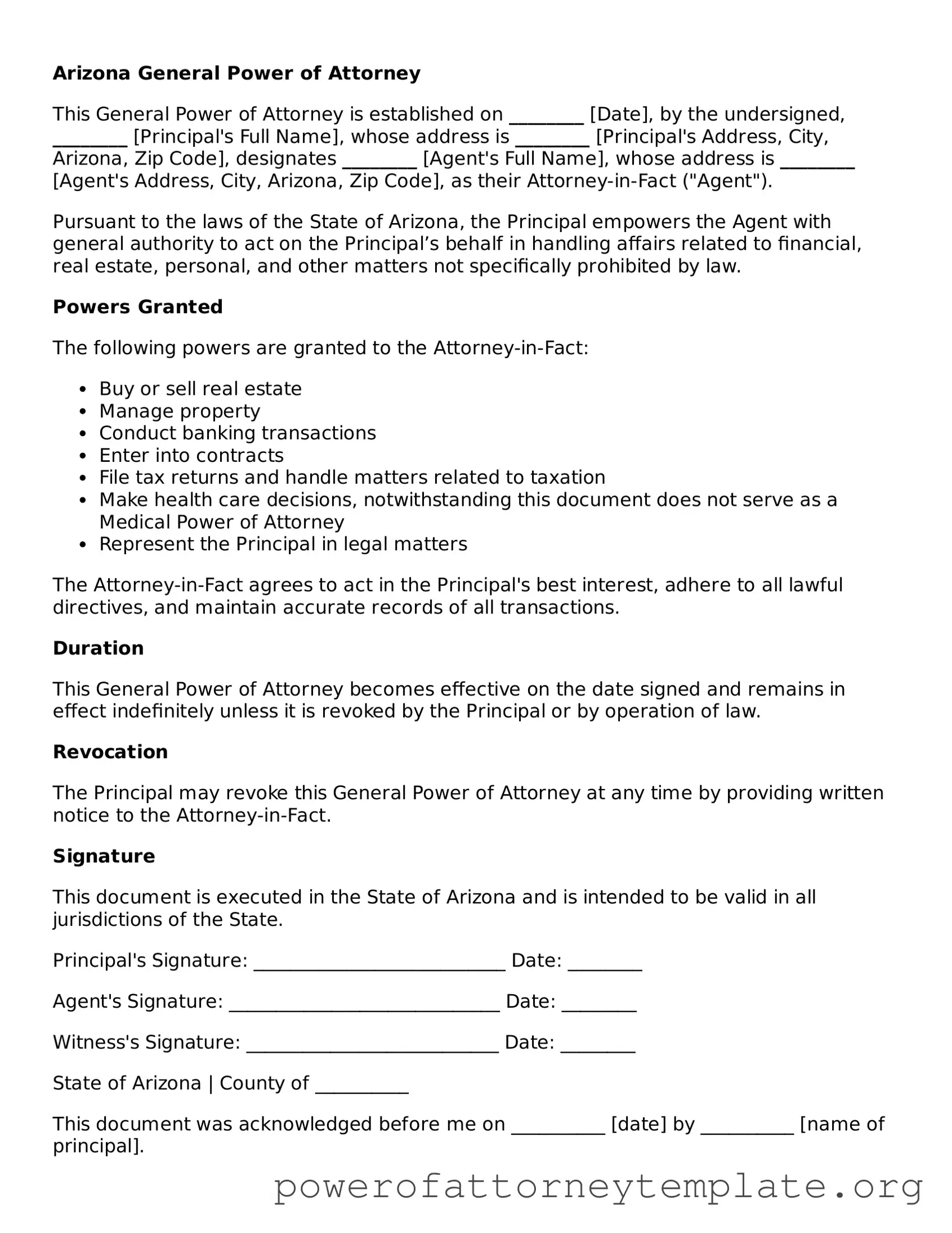 Legal Arizona General Power of Attorney Template