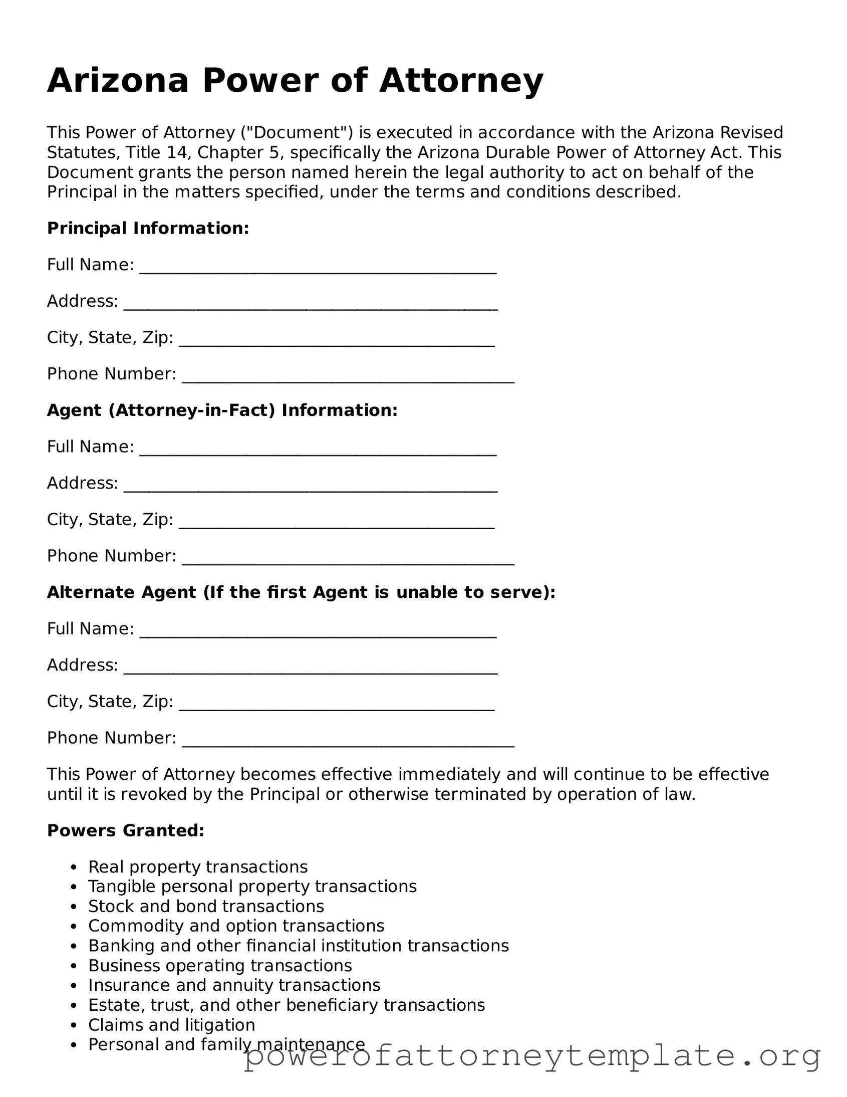 Legal Arizona Power of Attorney Template