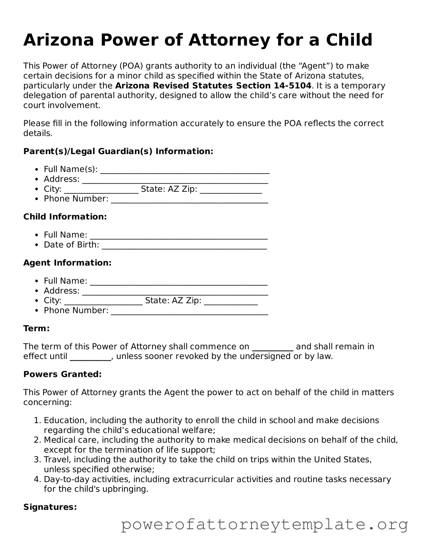 Legal Arizona Power of Attorney for a Child Template