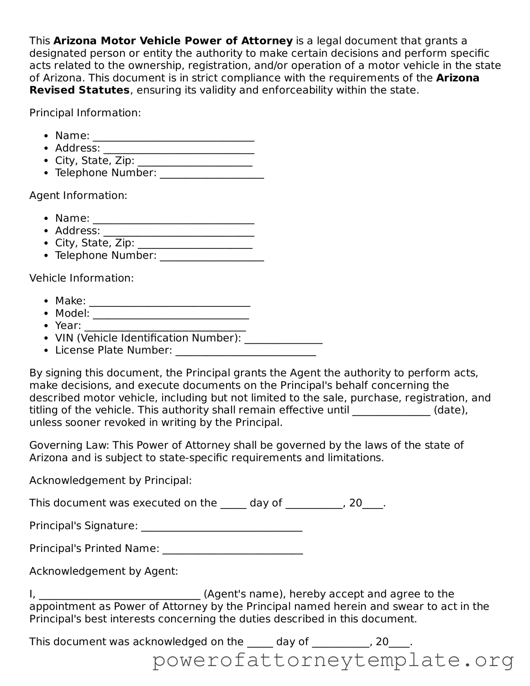 Legal Arizona Motor Vehicle Power of Attorney Template