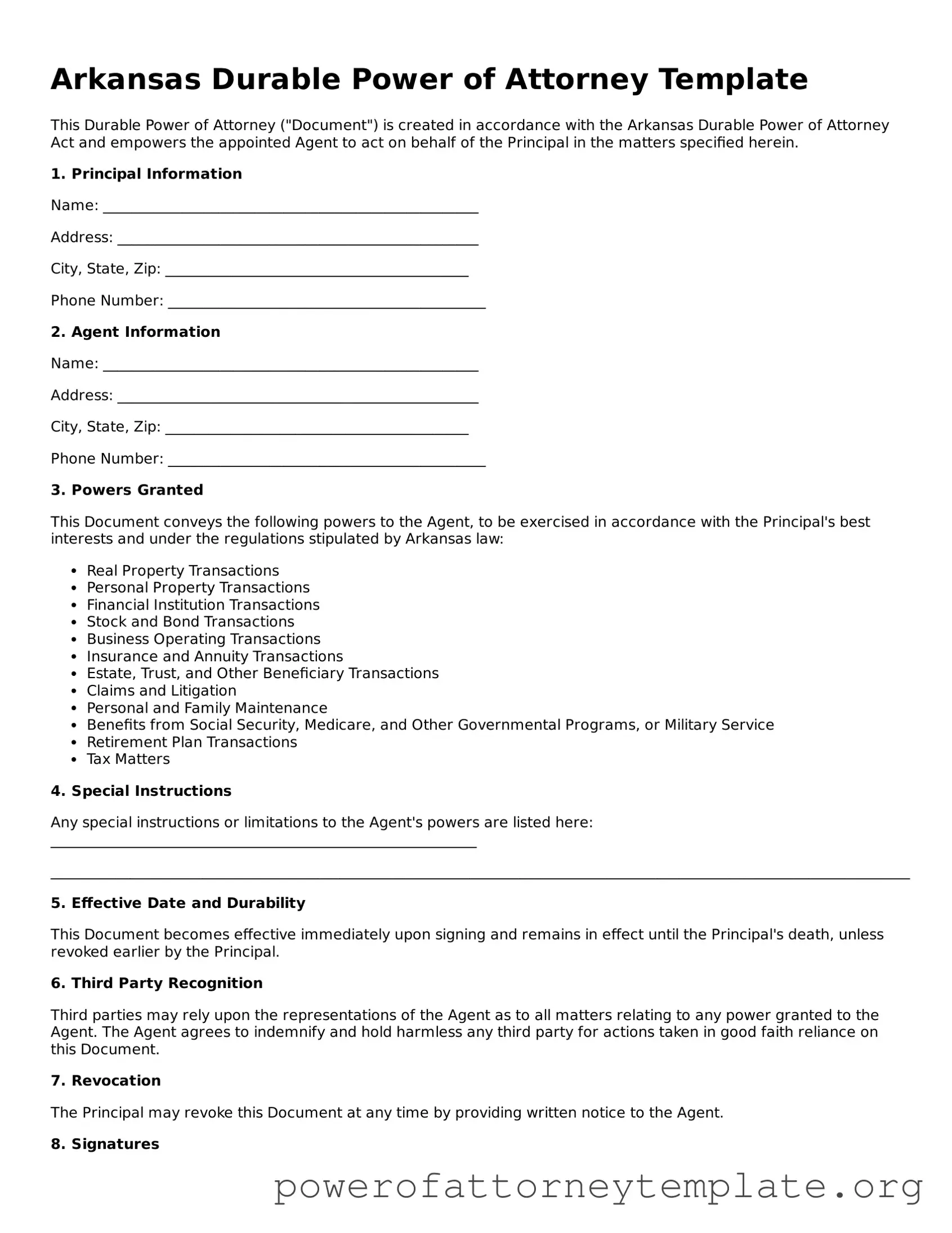 Legal Arkansas Durable Power of Attorney Template