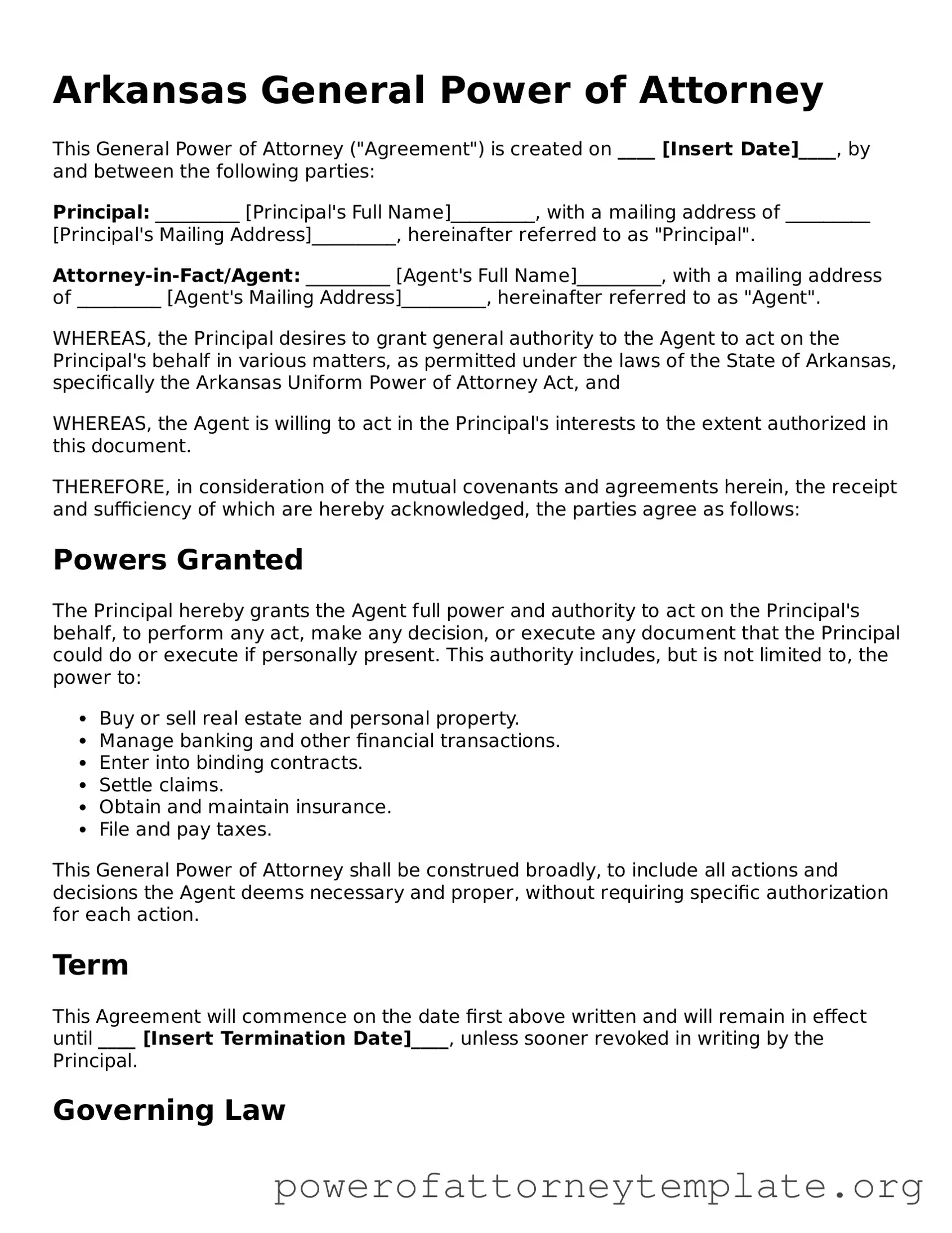 Legal Arkansas General Power of Attorney Template