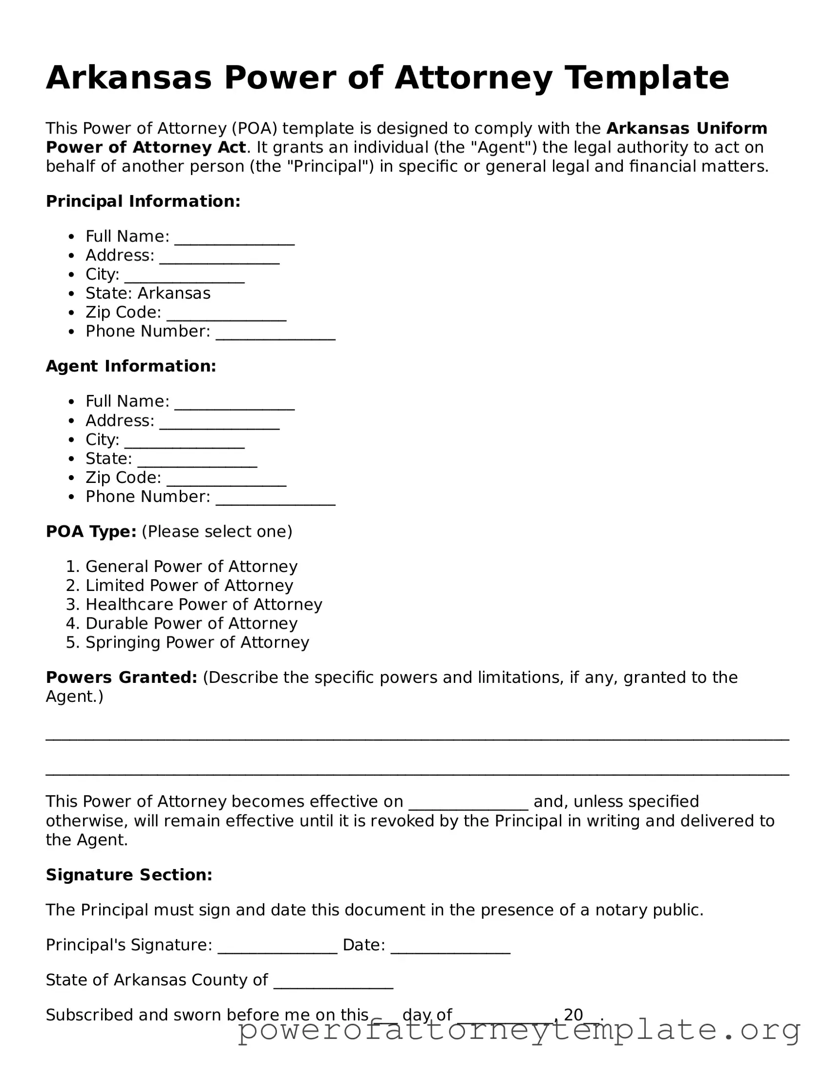 Legal Arkansas Power of Attorney Template