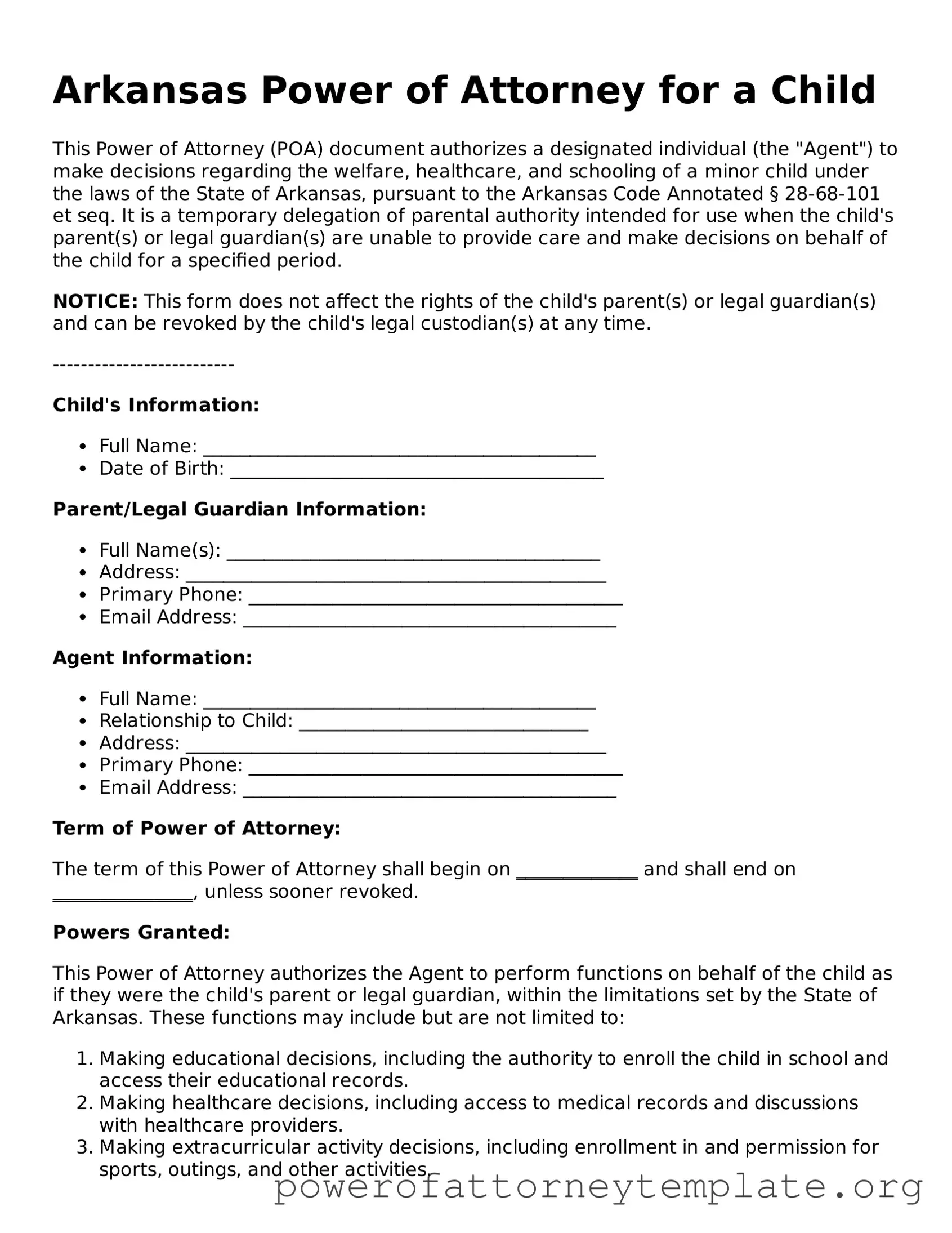 Legal Arkansas Power of Attorney for a Child Template