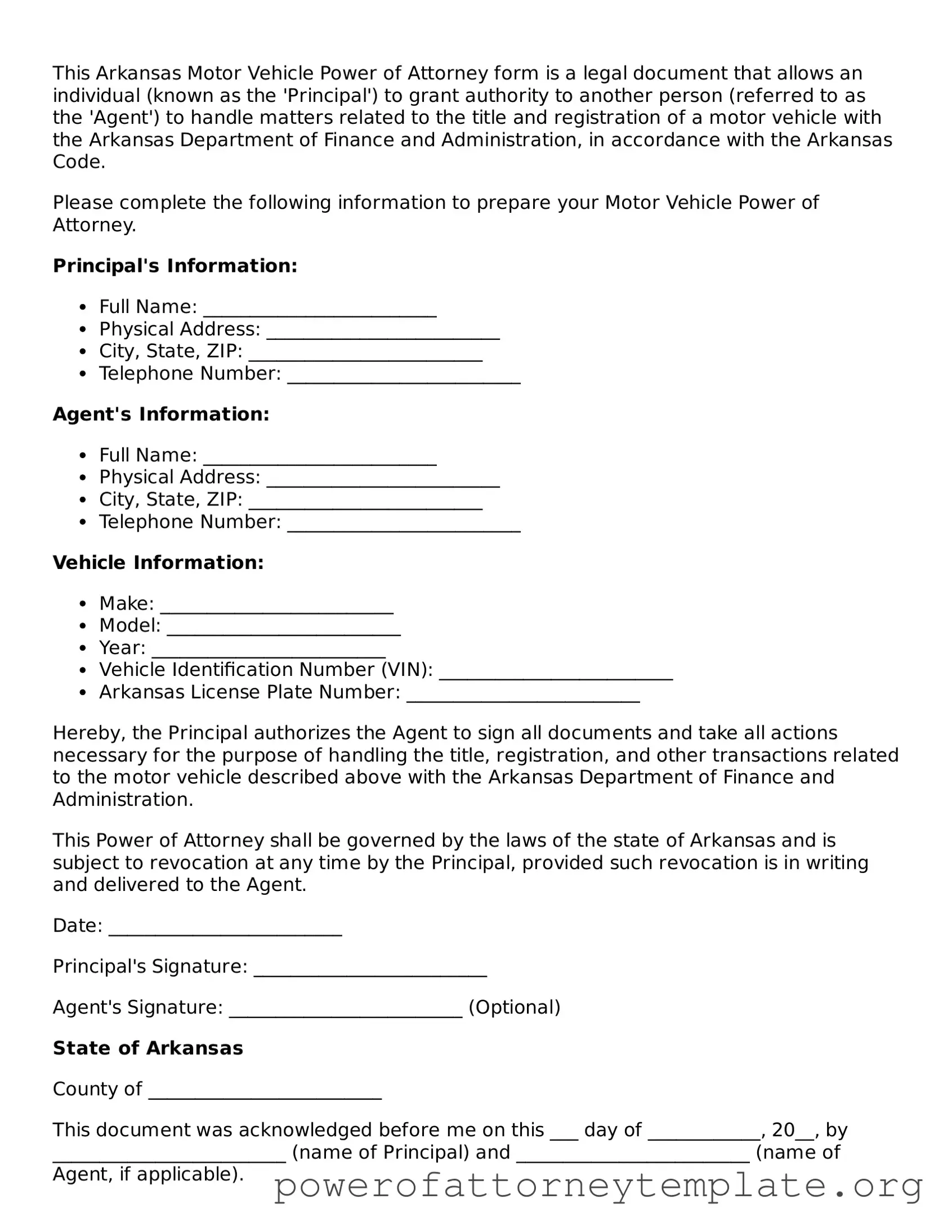 Legal Arkansas Motor Vehicle Power of Attorney Template