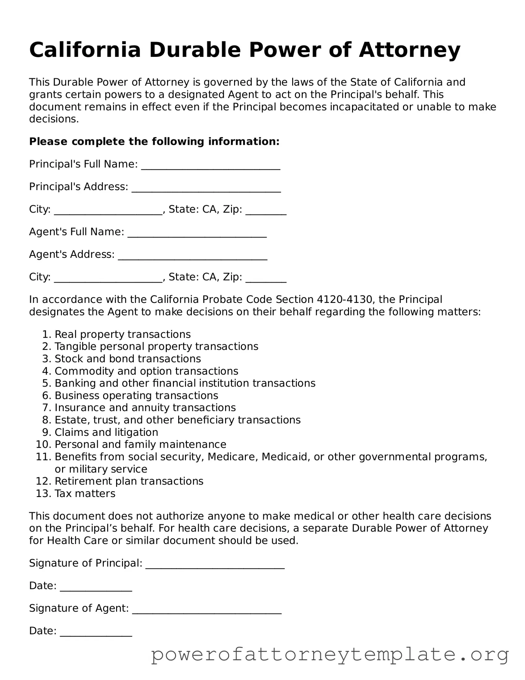 Legal California Durable Power of Attorney Template