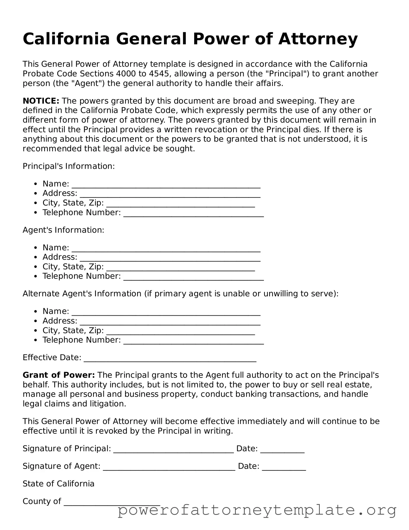 Legal California General Power of Attorney Template
