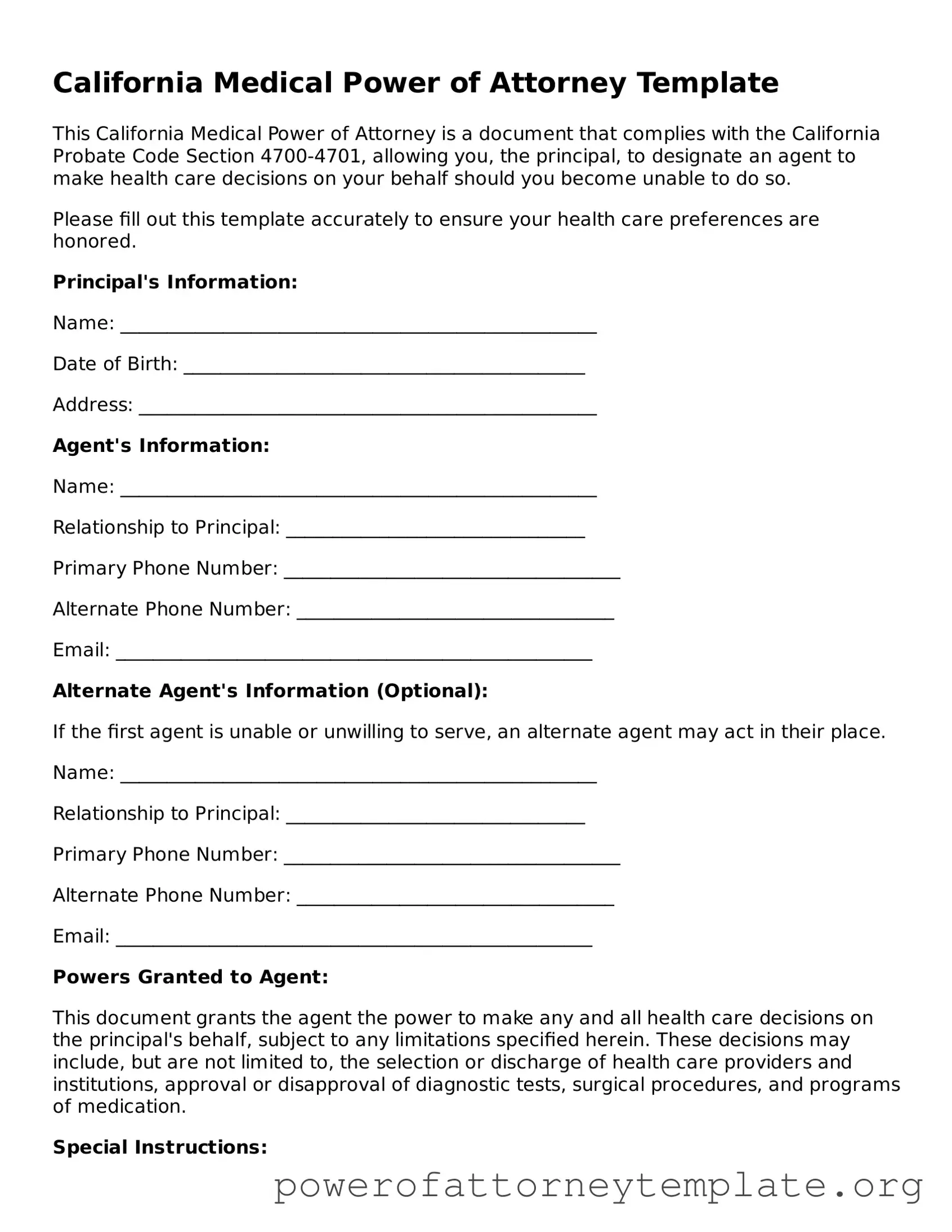 Legal California Medical Power of Attorney Template
