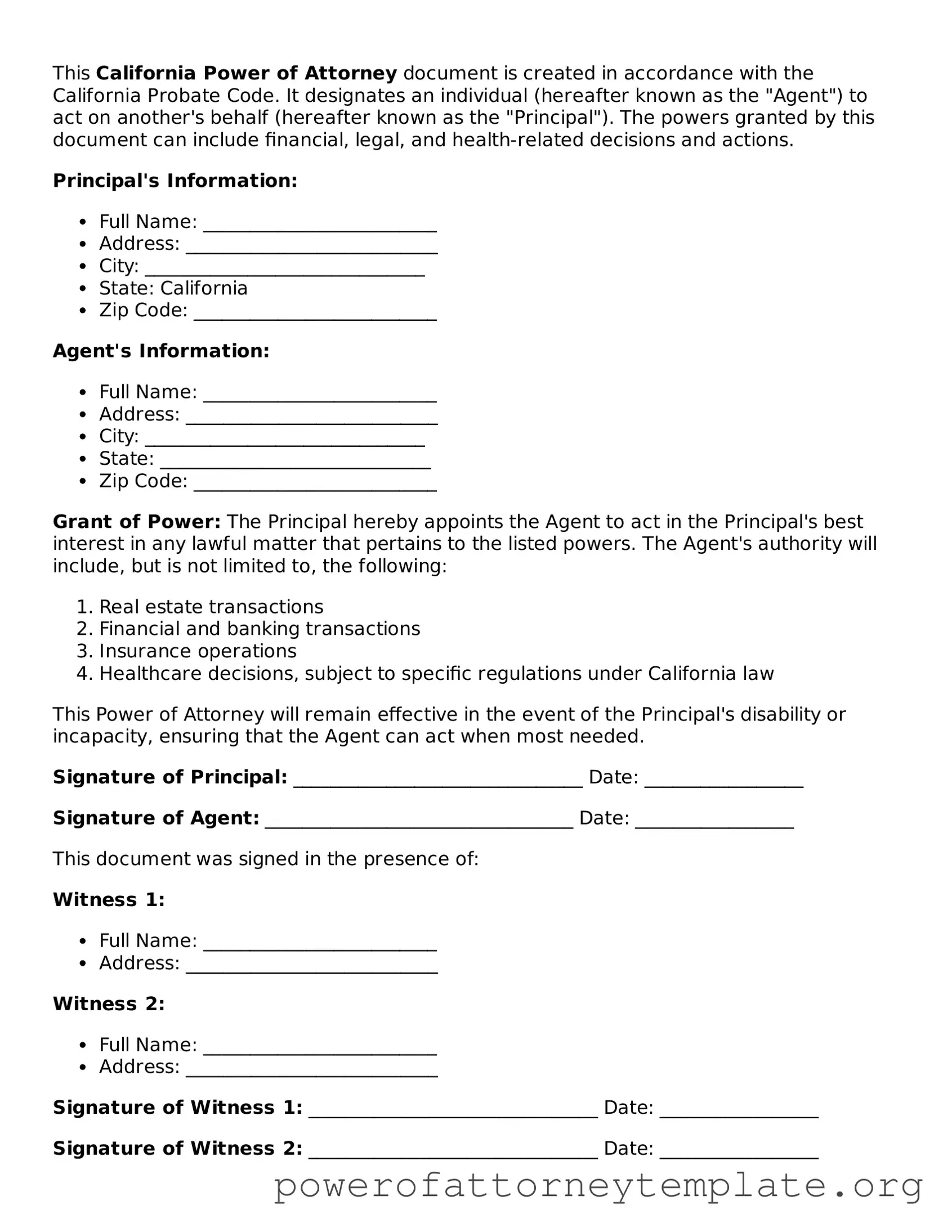 Legal California Power of Attorney Template