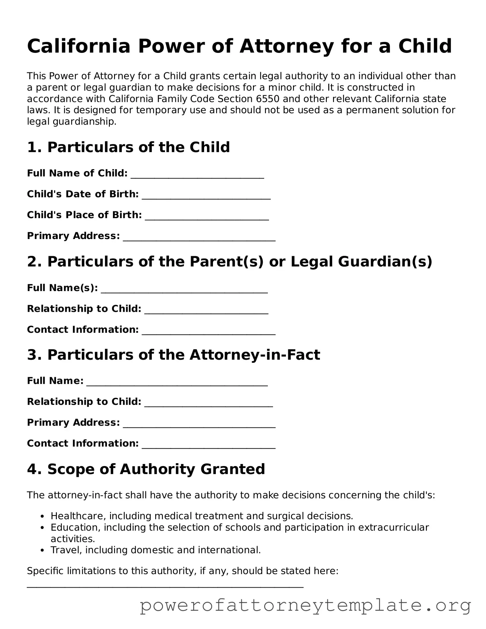 Legal California Power of Attorney for a Child Template