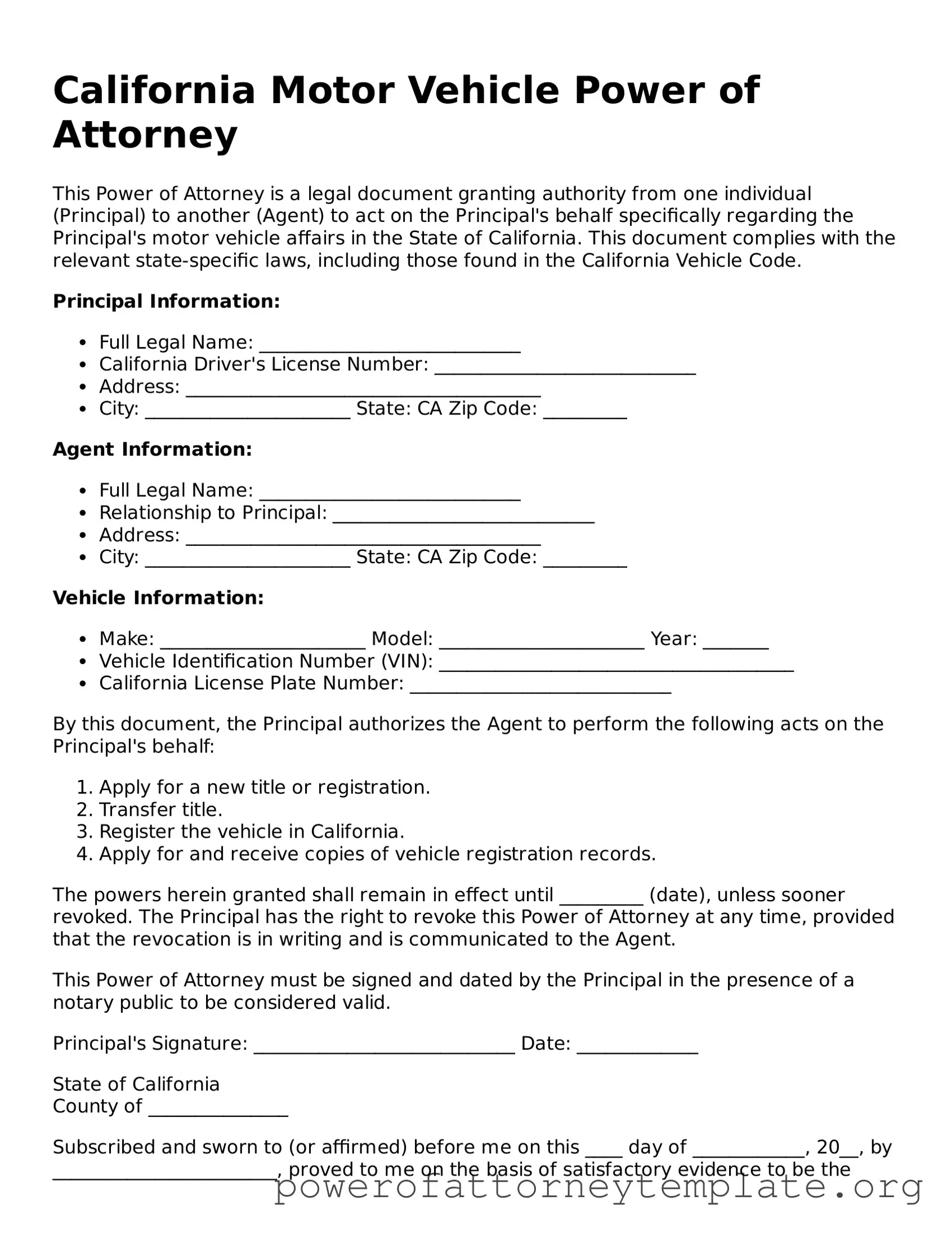 Legal California Motor Vehicle Power of Attorney Template