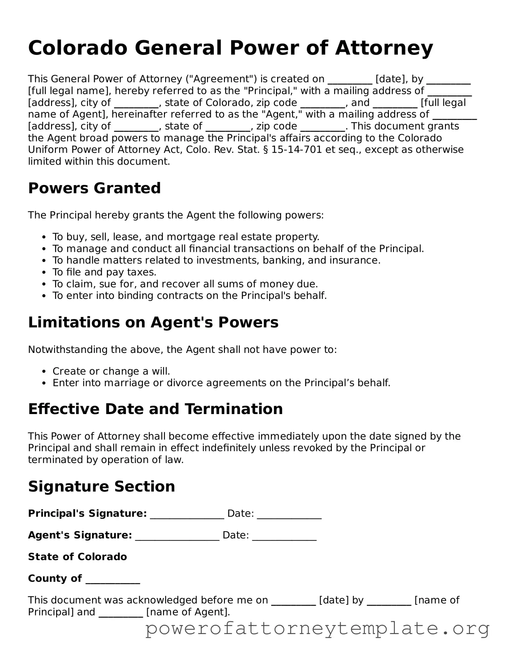Legal Colorado General Power of Attorney Template