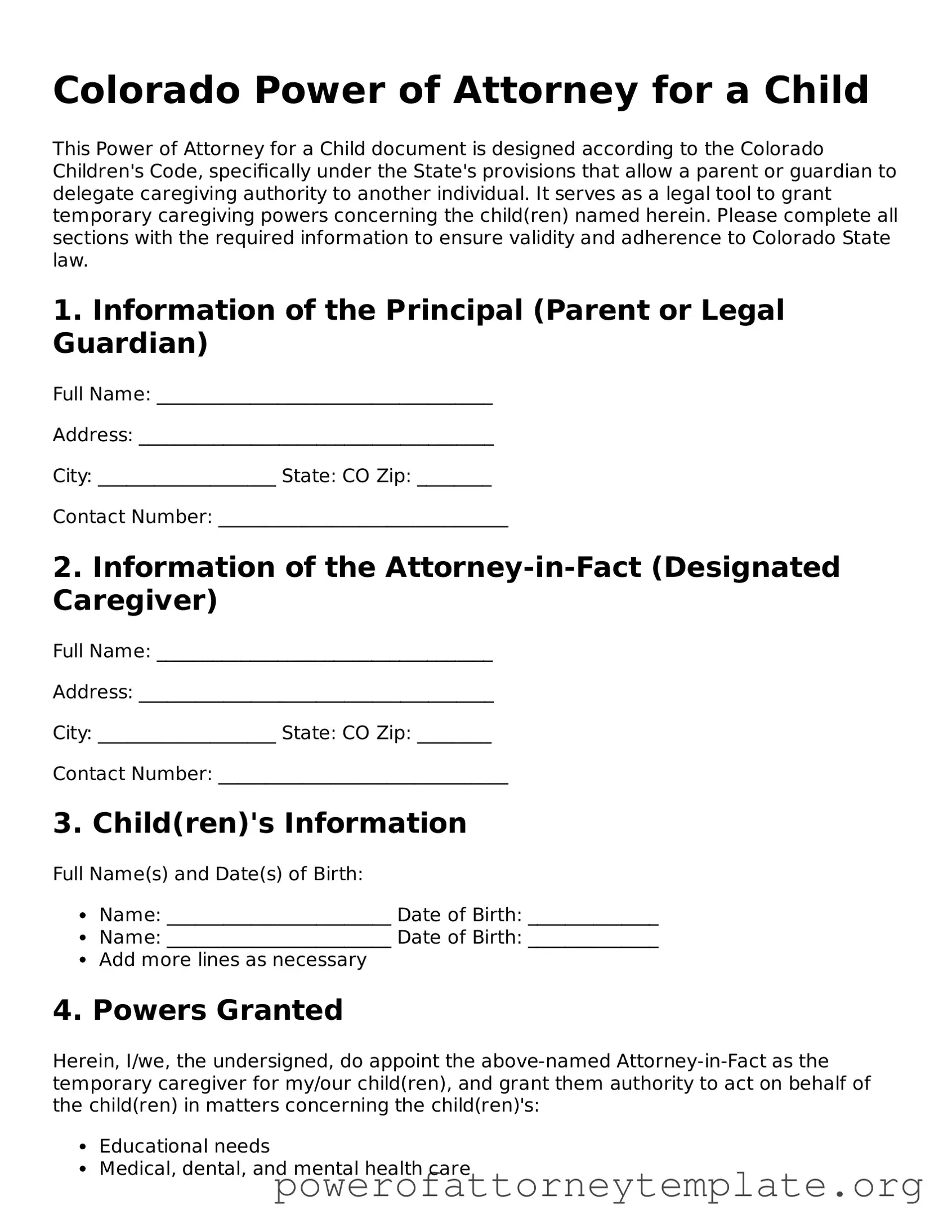 Legal Colorado Power of Attorney for a Child Template