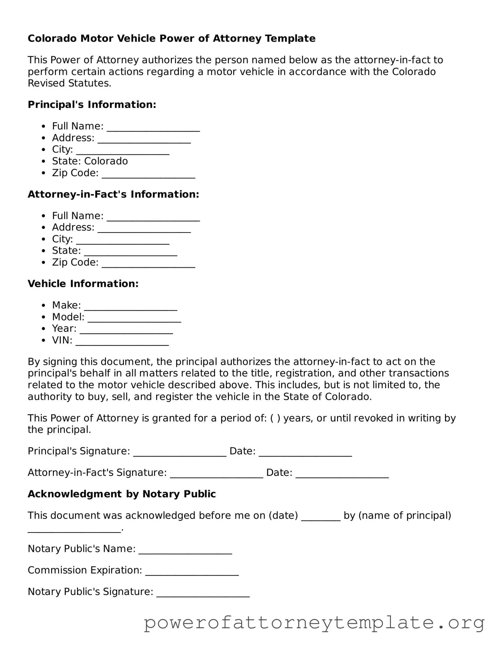 Legal Colorado Motor Vehicle Power of Attorney Template