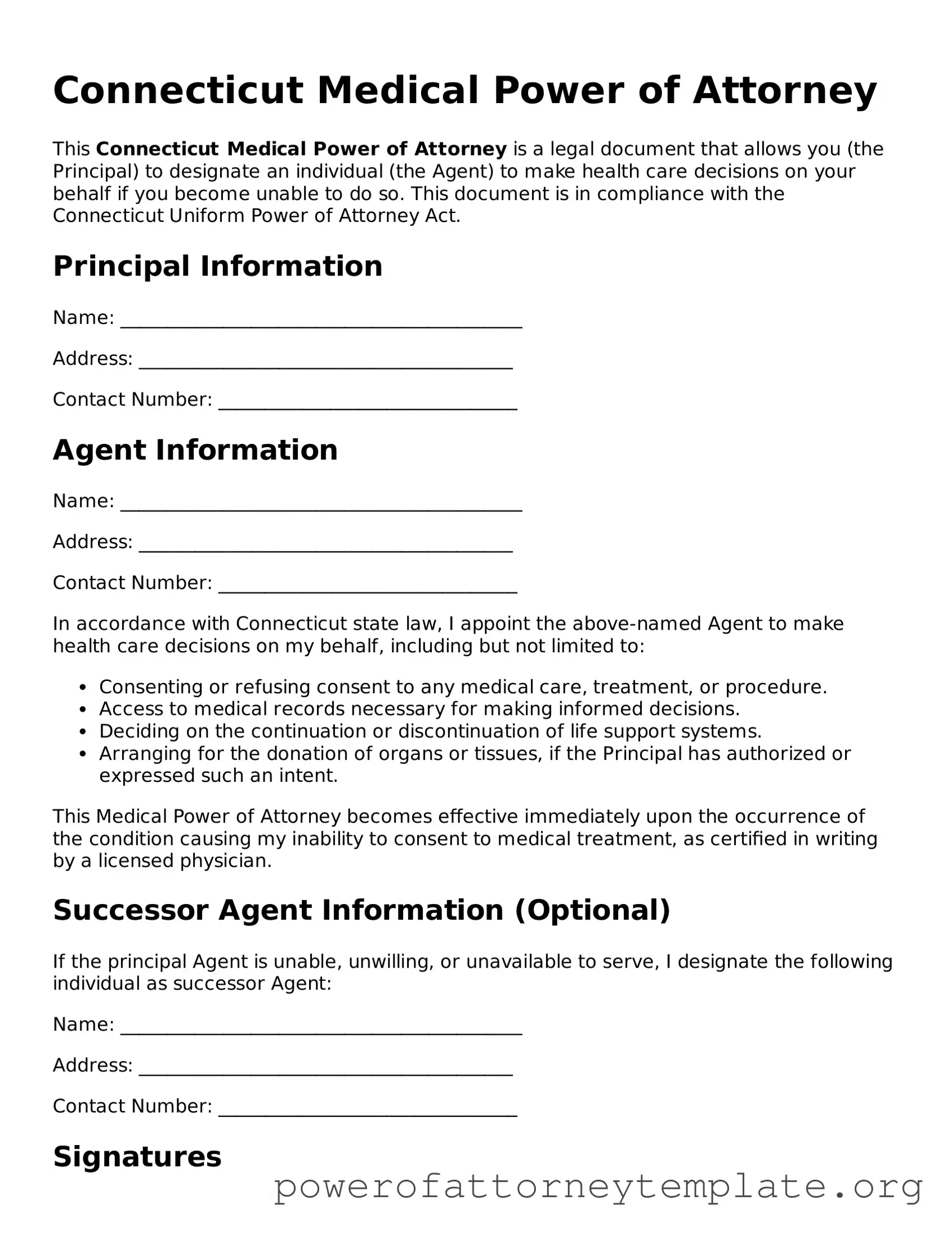 Legal Connecticut Medical Power of Attorney Template