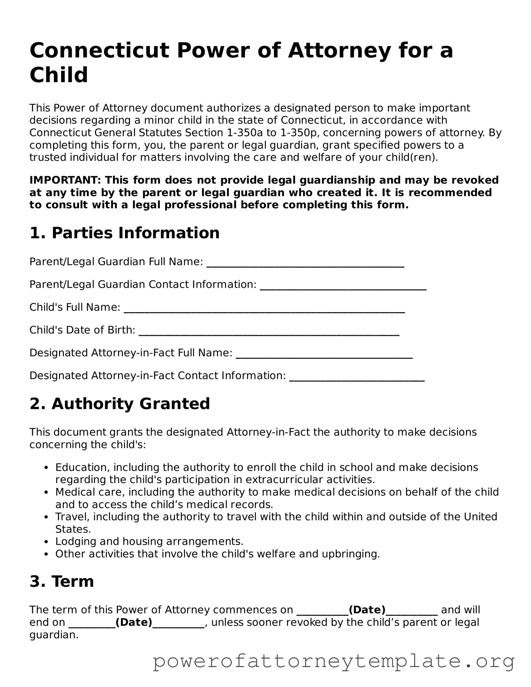 Legal Connecticut Power of Attorney for a Child Template