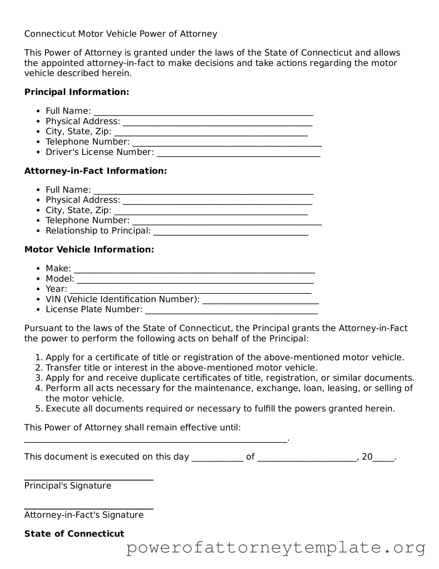 Legal Connecticut Motor Vehicle Power of Attorney Template