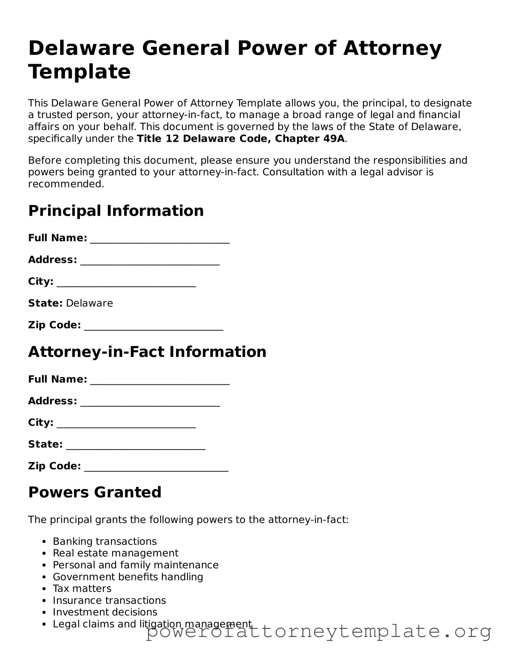 Legal Delaware General Power of Attorney Template