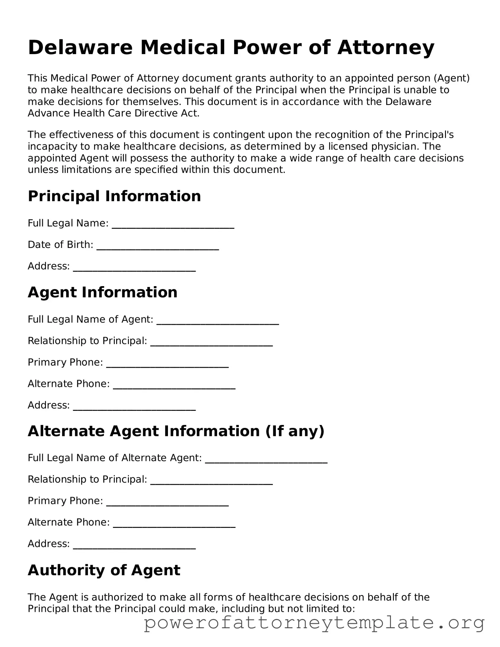 Legal Delaware Medical Power of Attorney Template