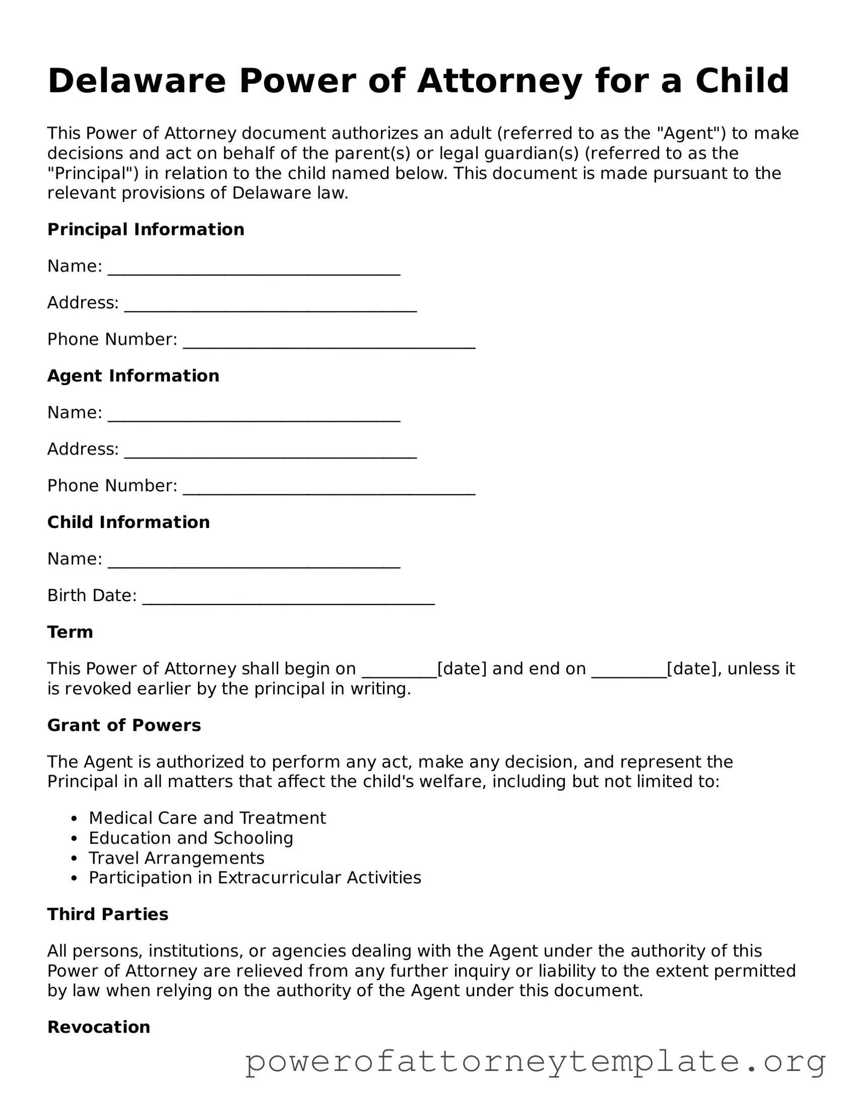 Legal Delaware Power of Attorney for a Child Template