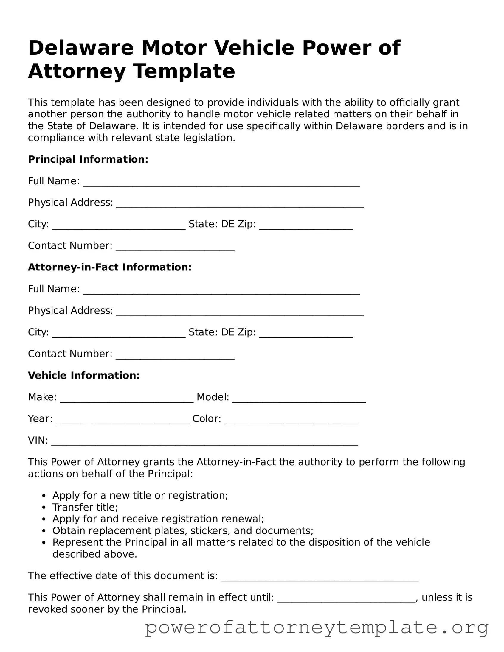 Legal Delaware Motor Vehicle Power of Attorney Template