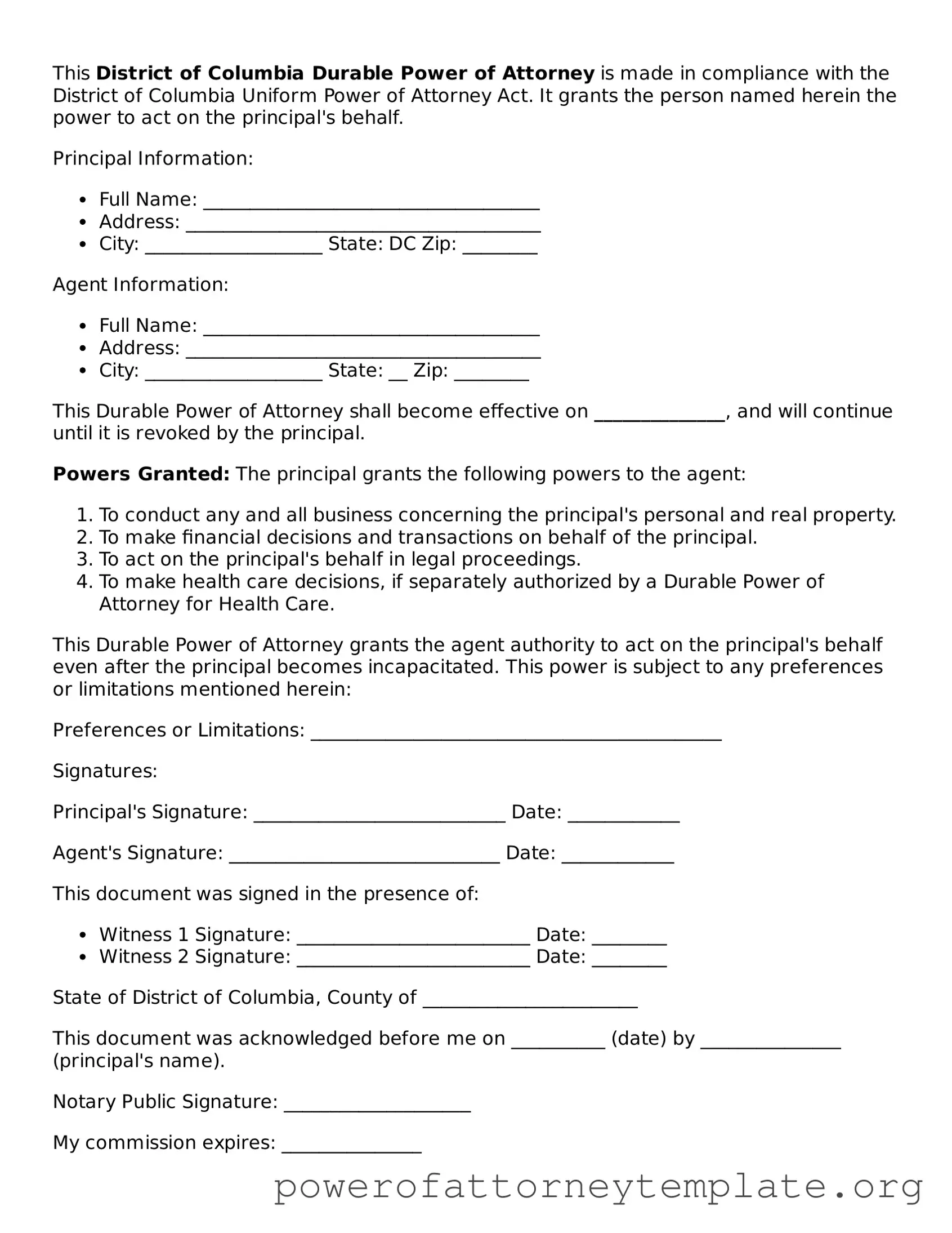 Legal District of Columbia Durable Power of Attorney Template