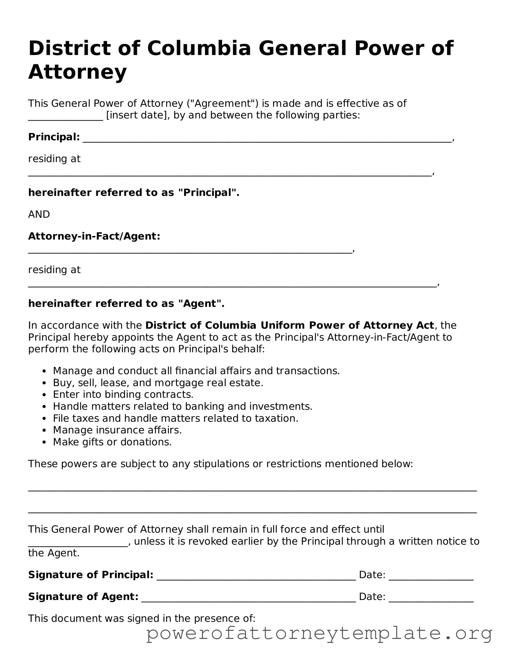Legal District of Columbia General Power of Attorney Template