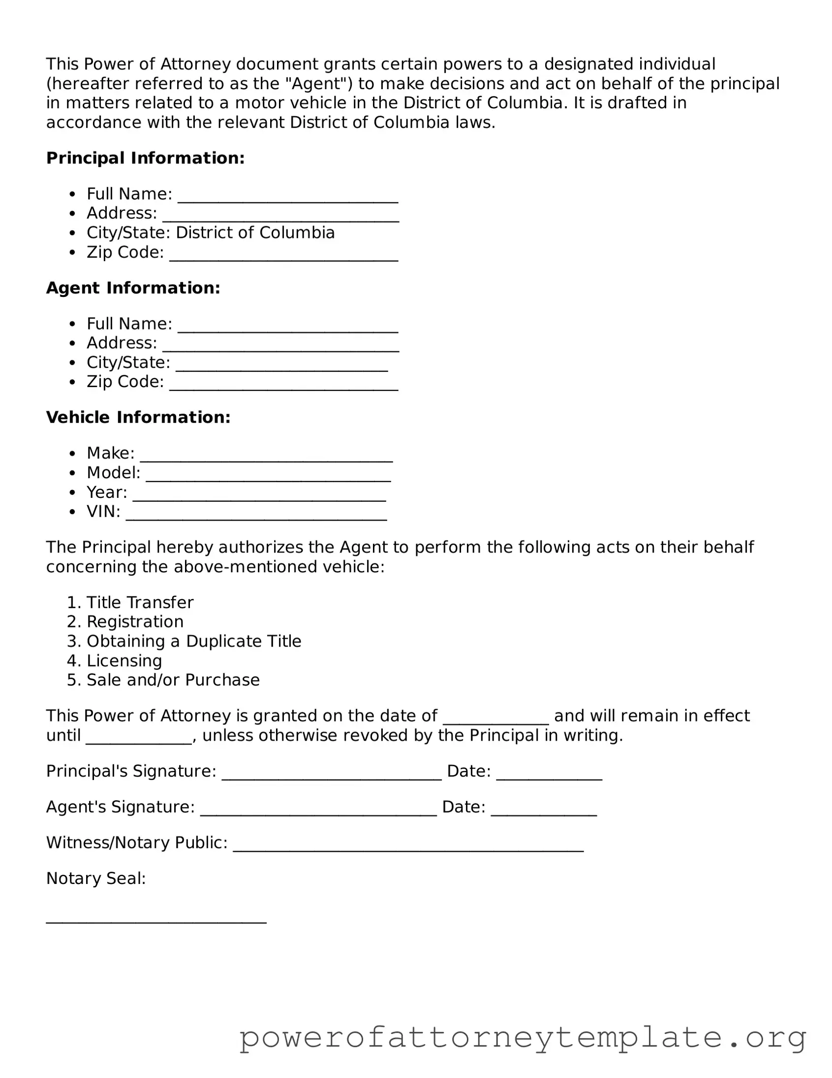 Legal District of Columbia Motor Vehicle Power of Attorney Template