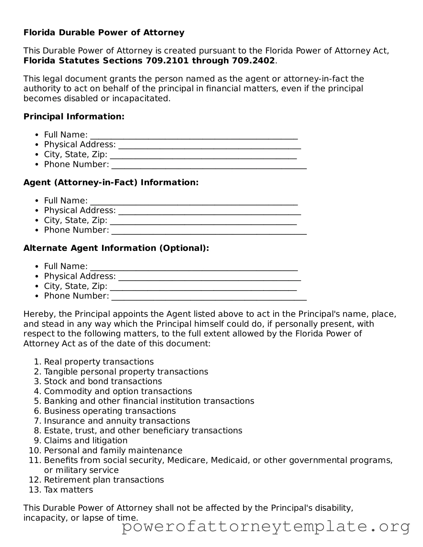 Legal Florida Durable Power of Attorney Template