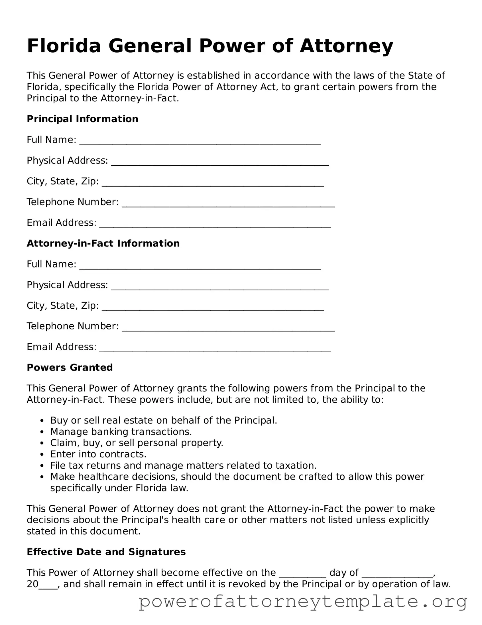 Legal Florida General Power of Attorney Template