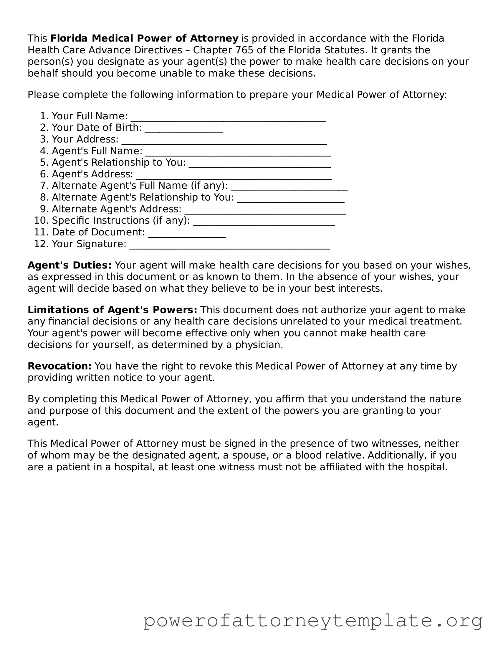 Legal Florida Medical Power of Attorney Template