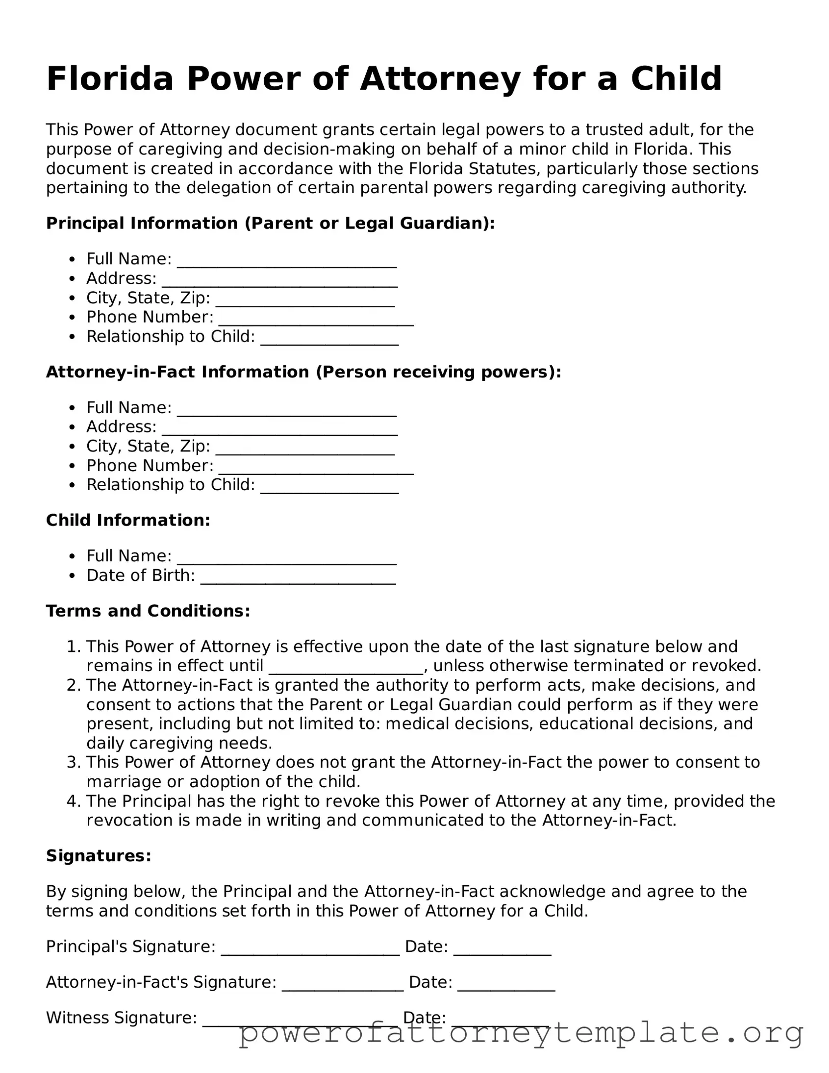 Legal Florida Power of Attorney for a Child Template