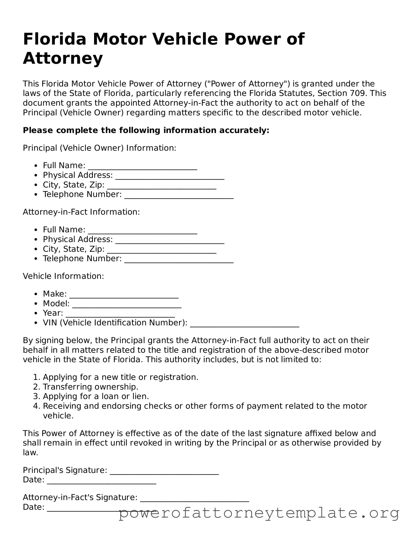 Legal Florida Motor Vehicle Power of Attorney Template