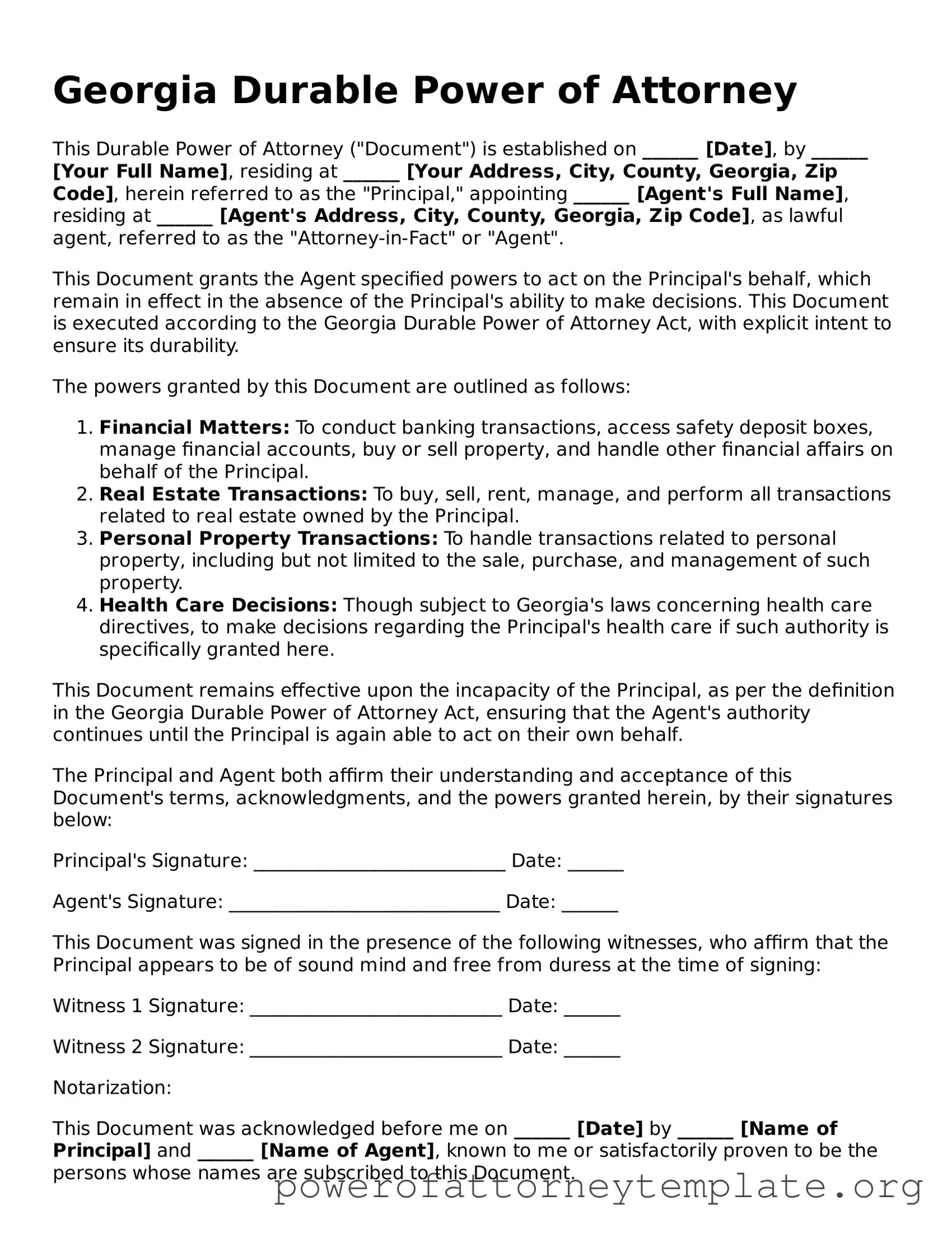 Legal Georgia Durable Power of Attorney Template