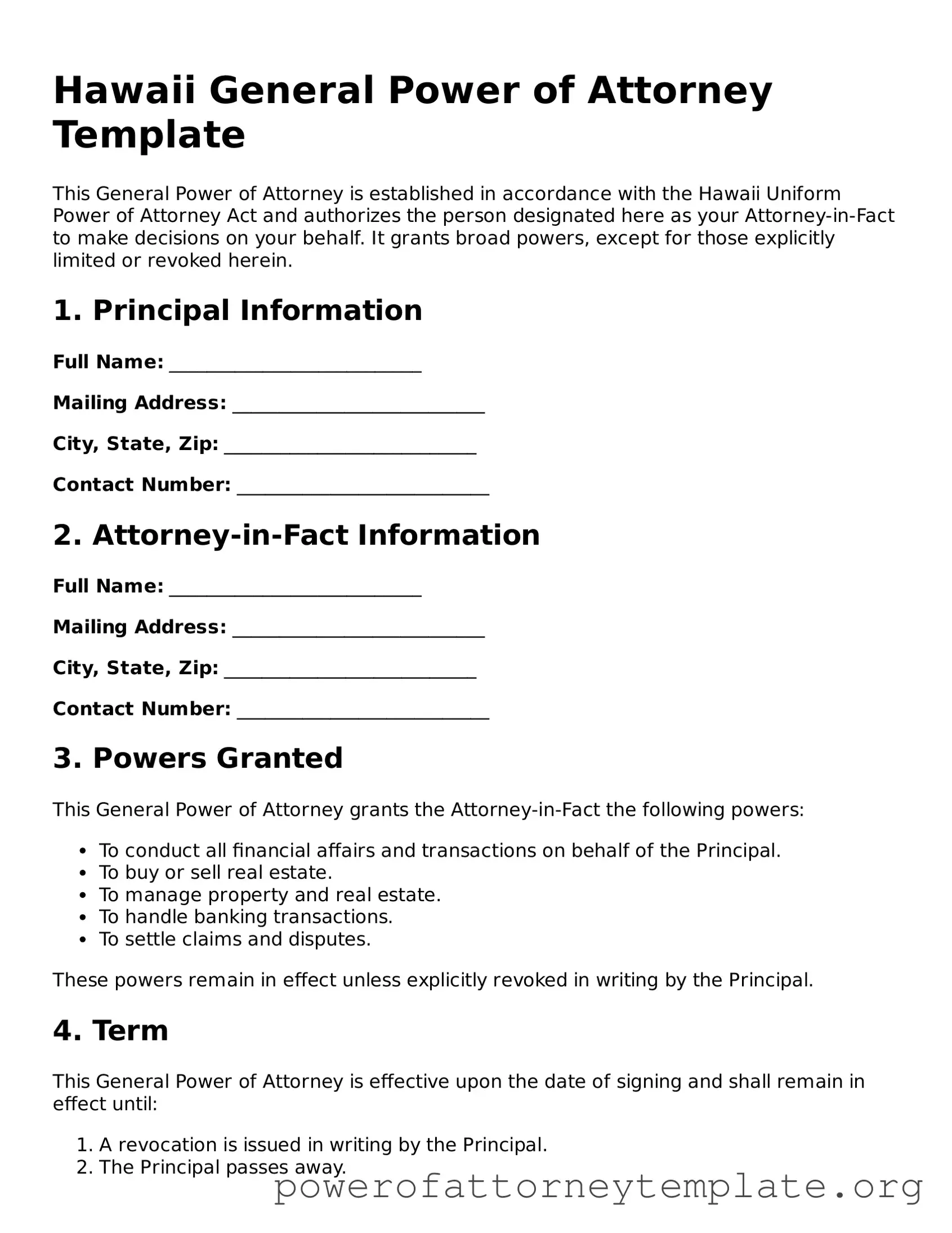 Legal Hawaii General Power of Attorney Template