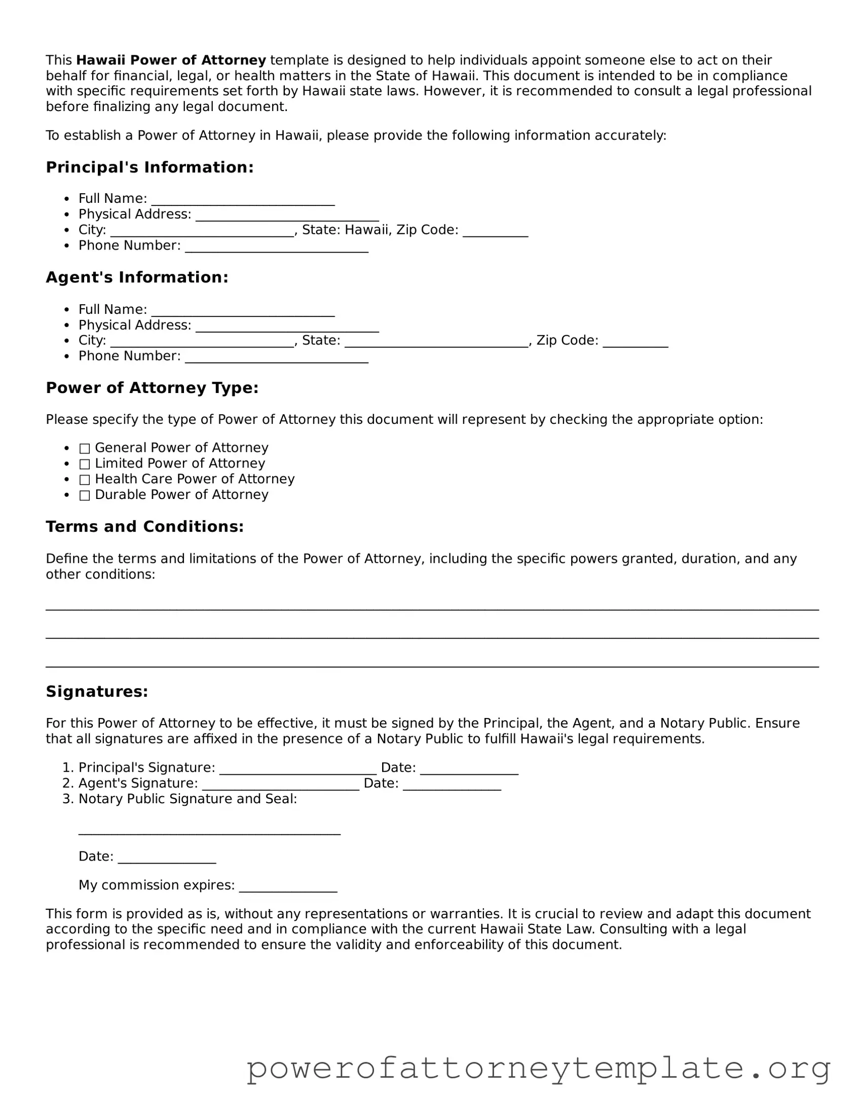 Legal Hawaii Power of Attorney Template