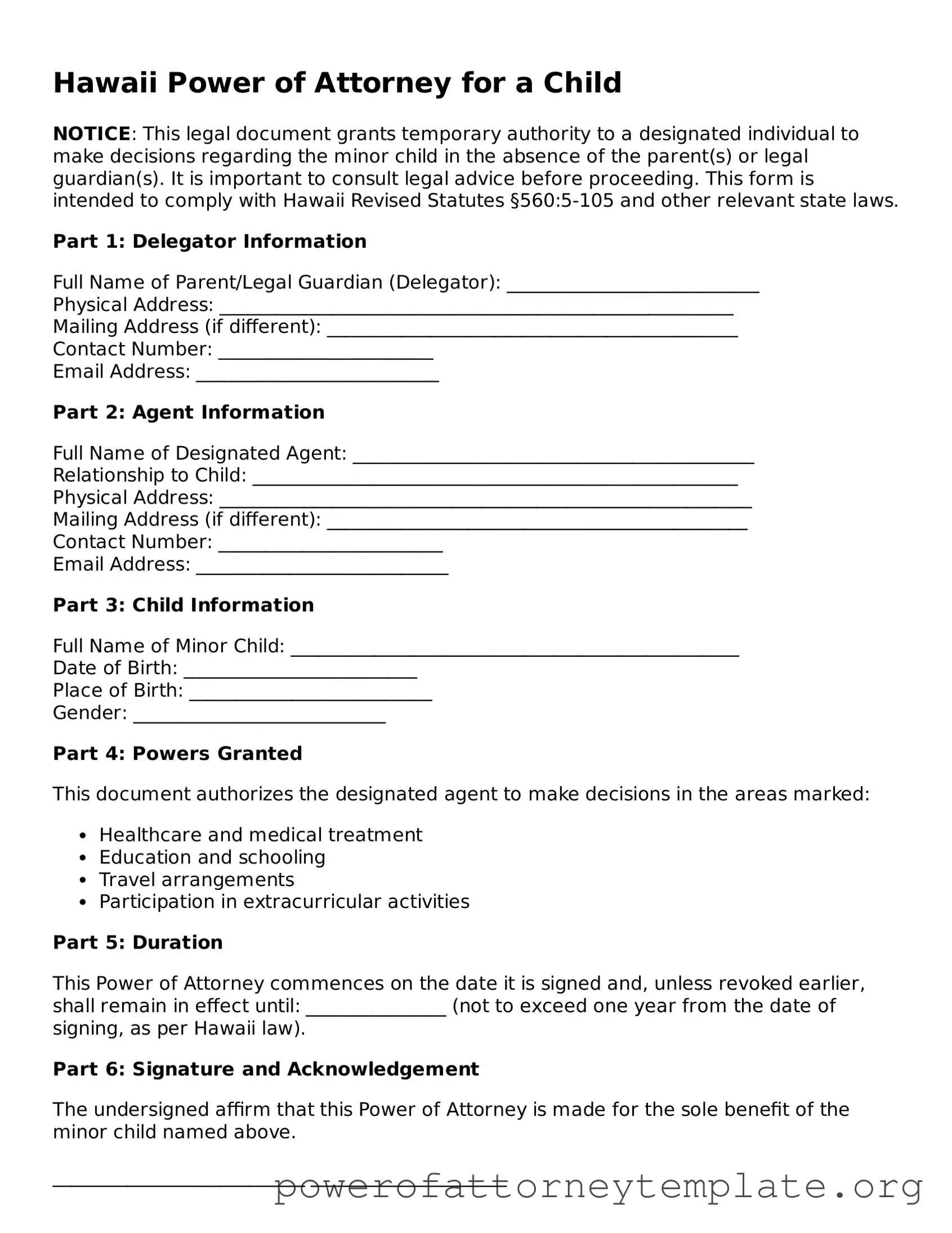 Legal Hawaii Power of Attorney for a Child Template