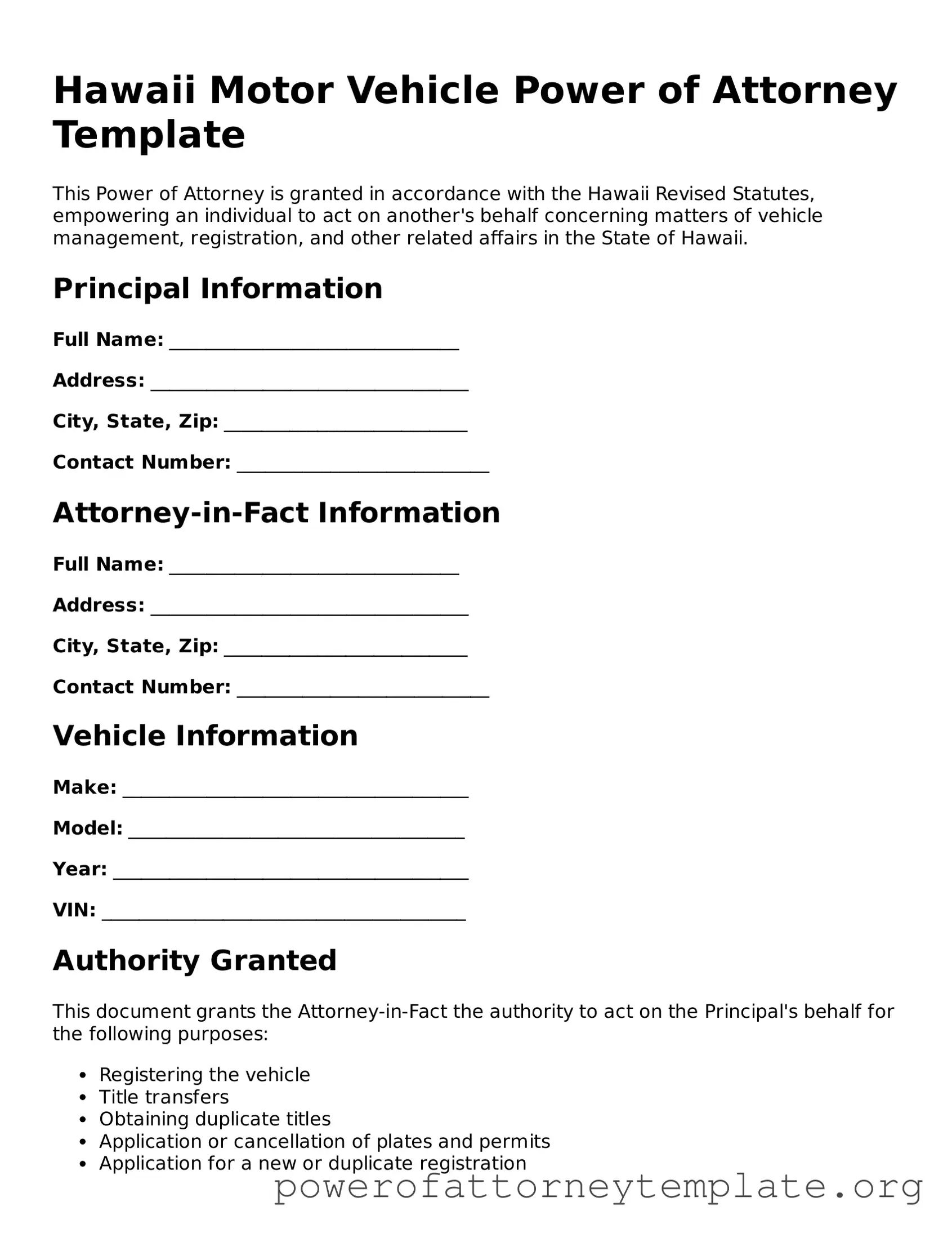Legal Hawaii Motor Vehicle Power of Attorney Template