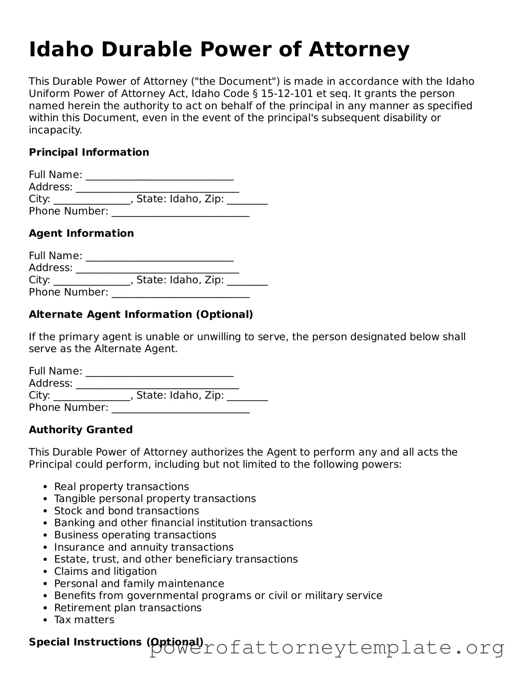 Legal Idaho Durable Power of Attorney Template