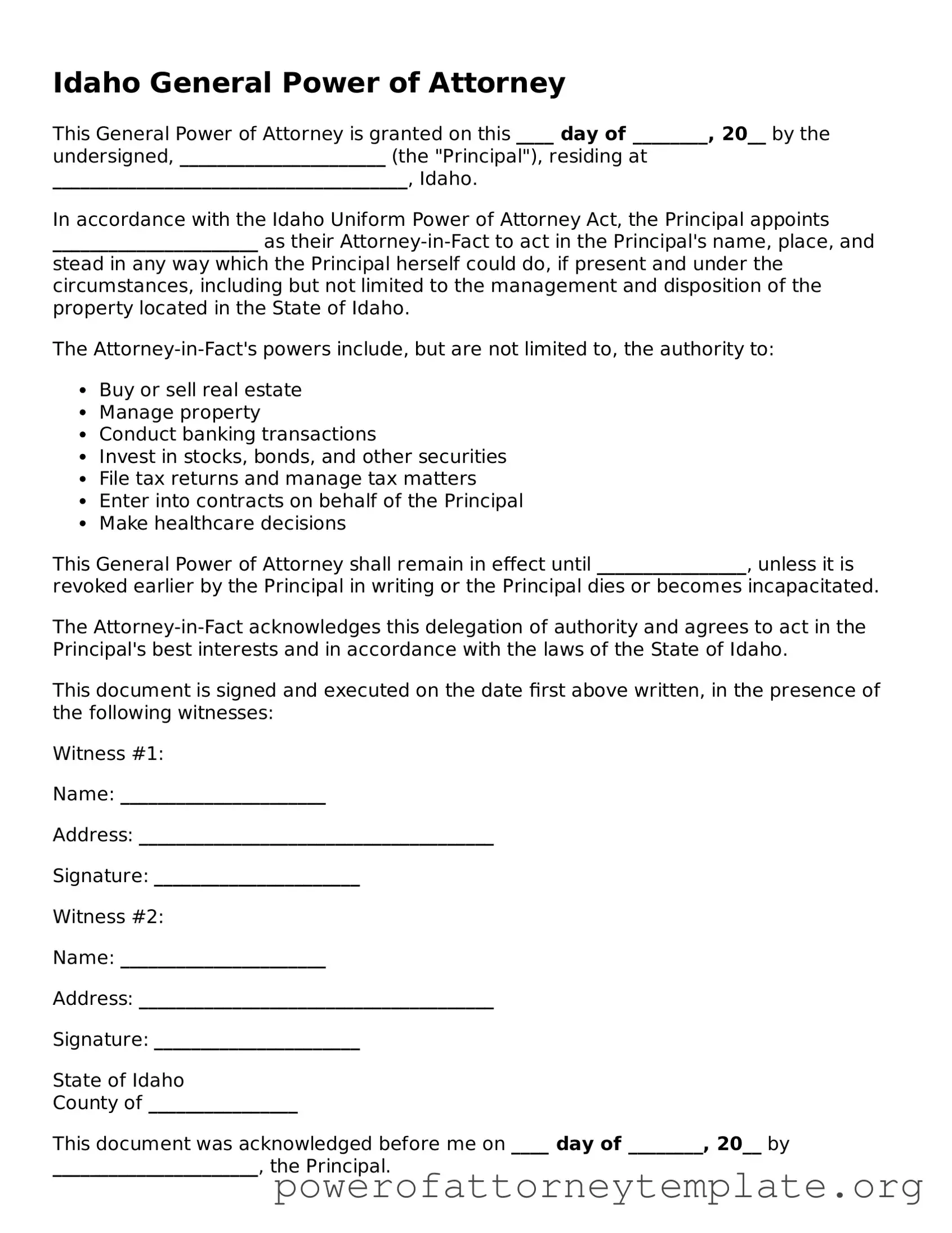 Legal Idaho General Power of Attorney Template