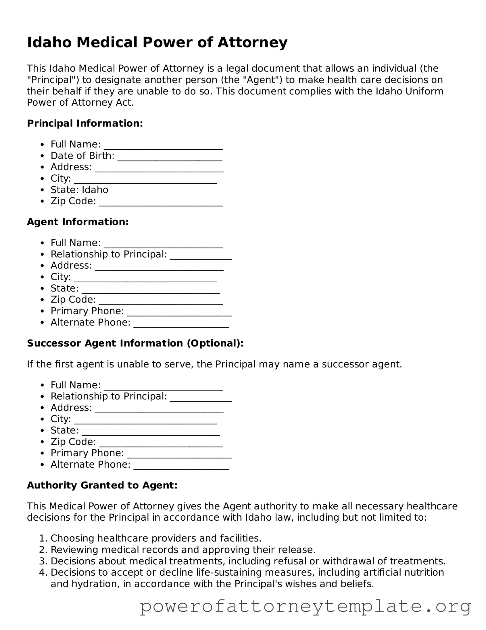 Legal Idaho Medical Power of Attorney Template