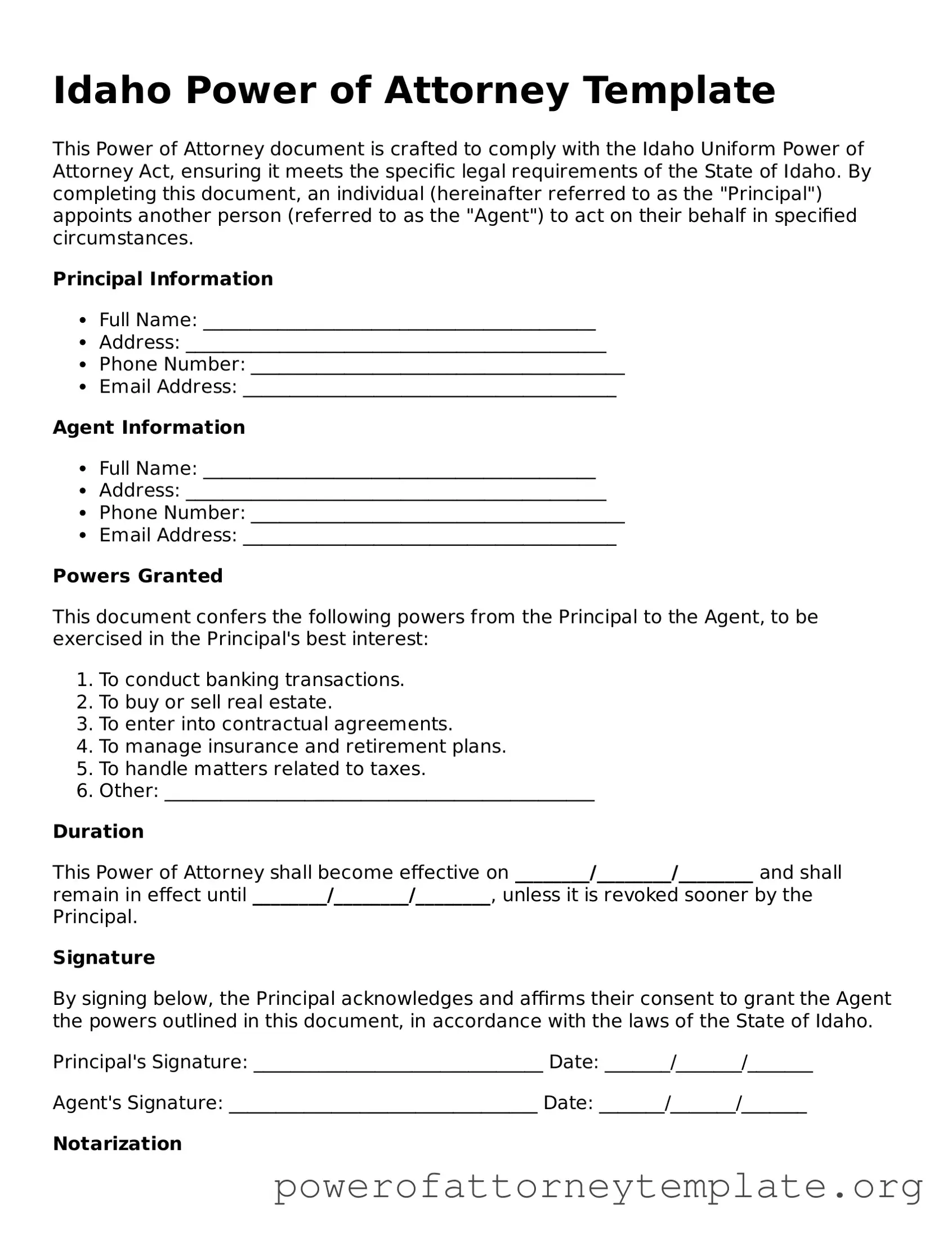 Legal Idaho Power of Attorney Template