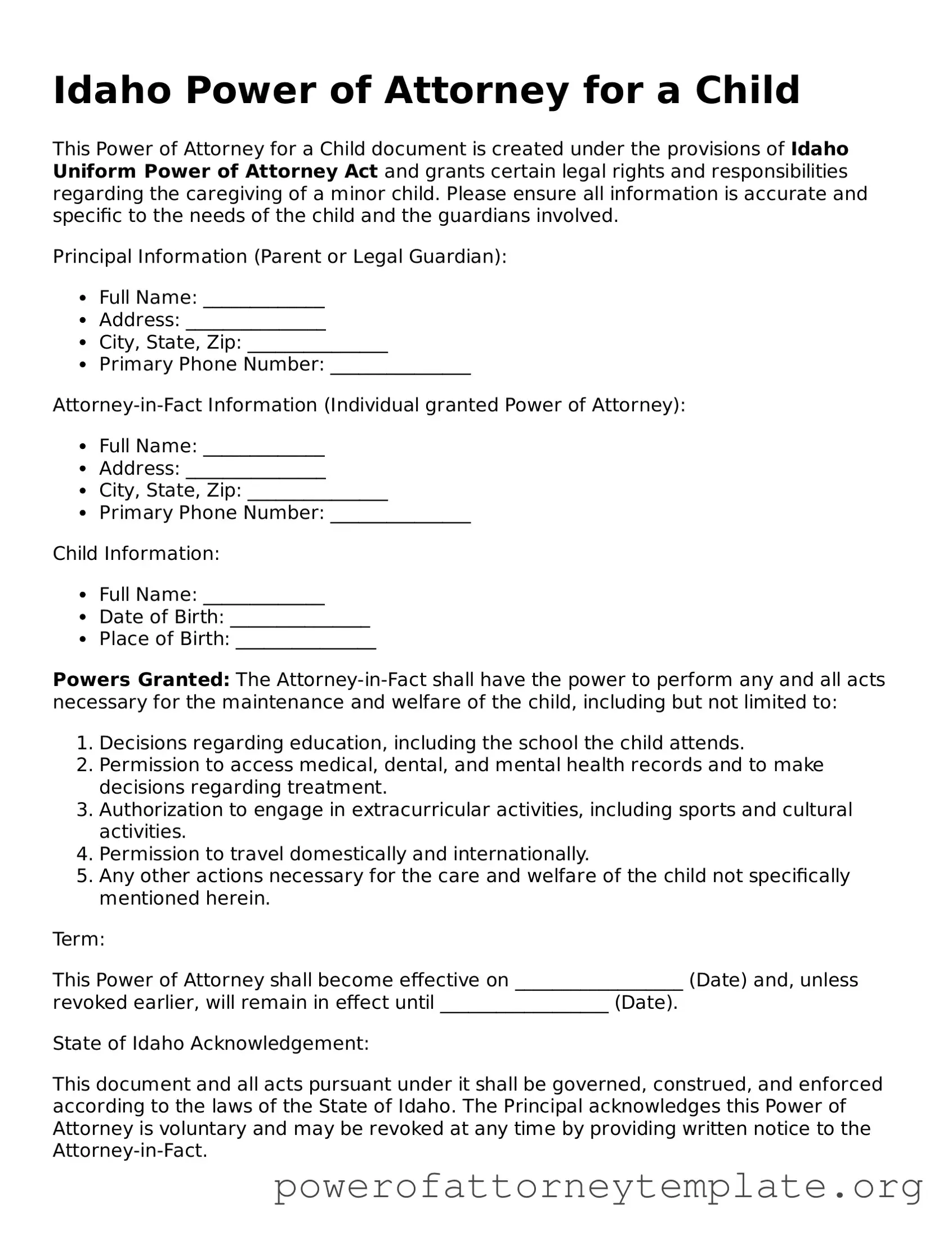 Legal Idaho Power of Attorney for a Child Template