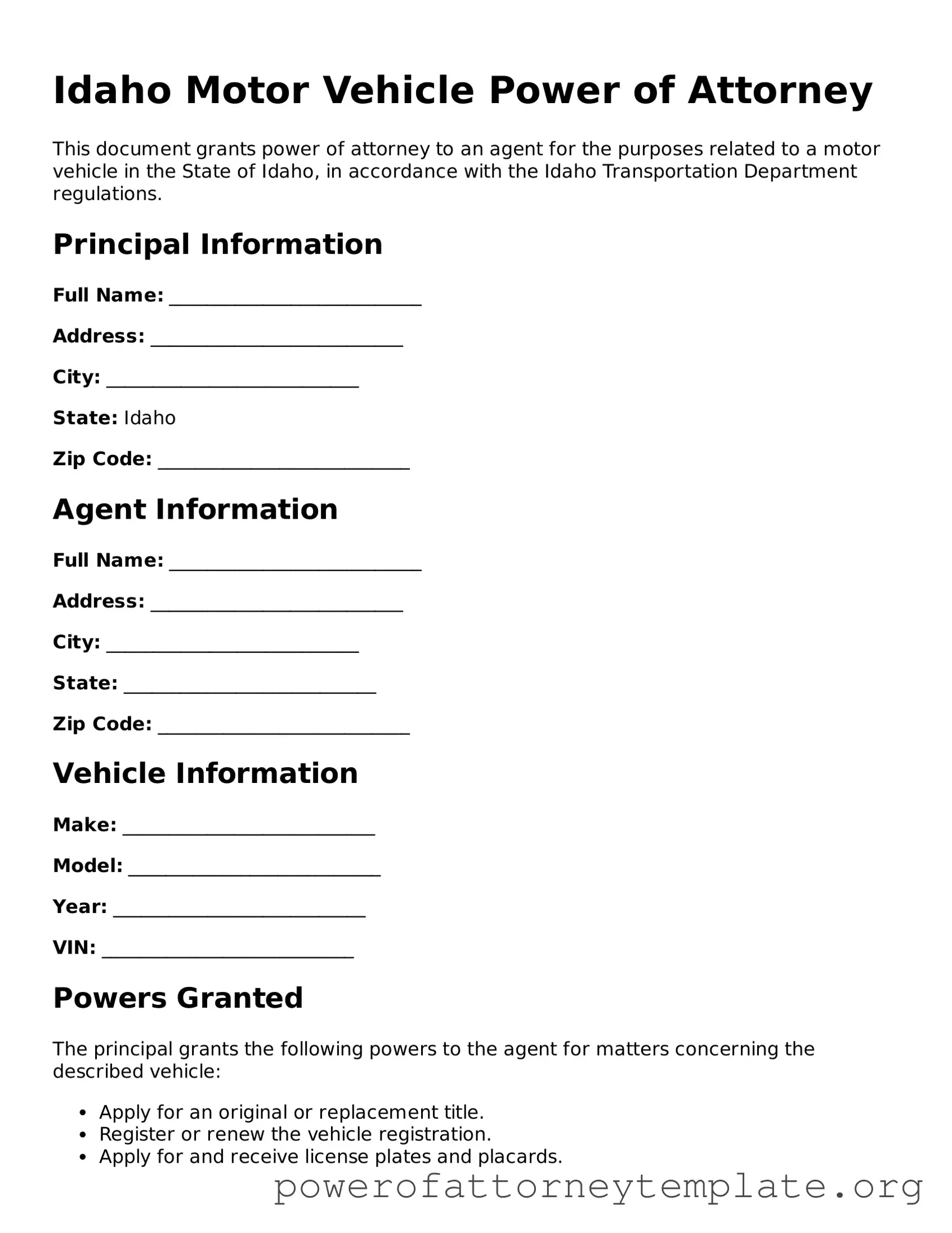 Legal Idaho Motor Vehicle Power of Attorney Template