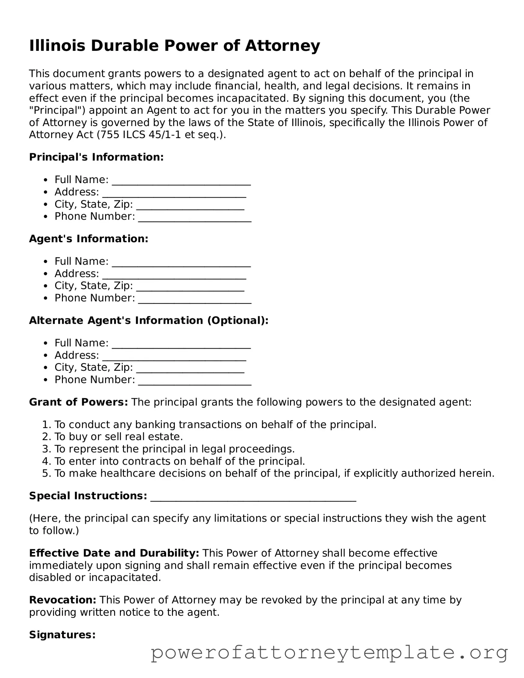 Legal Illinois Durable Power of Attorney Template