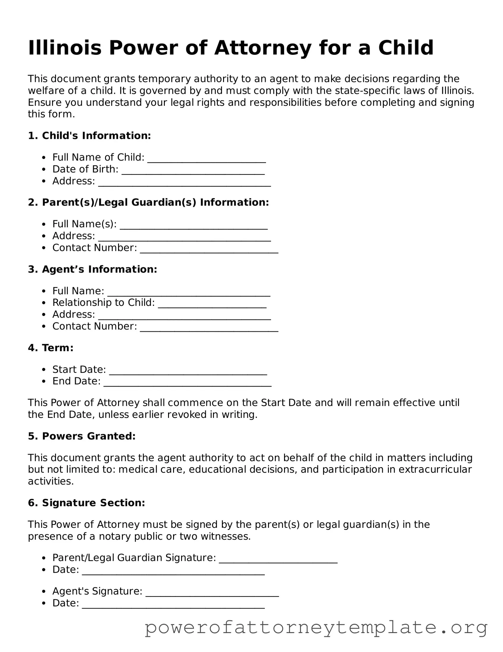 Legal Illinois Power of Attorney for a Child Template